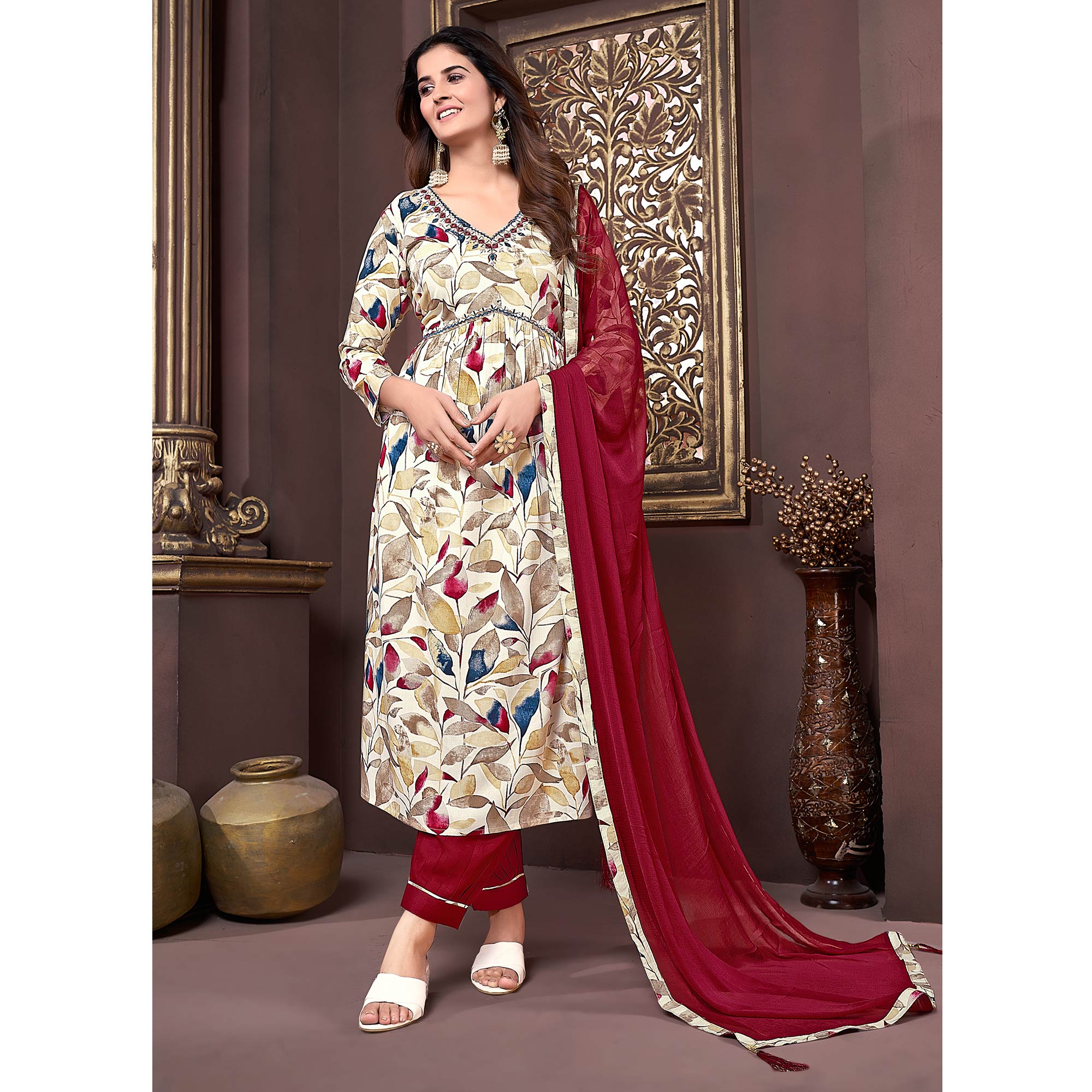 Beige & Maroon Floral Printed Rayon Alia Cut Salwar Suit