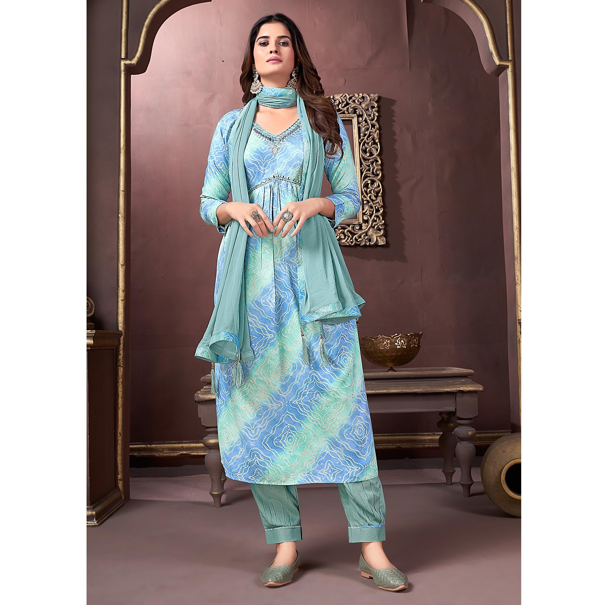 Turquoise & Blue Floral Printed Rayon Alia Cut Salwar Suit