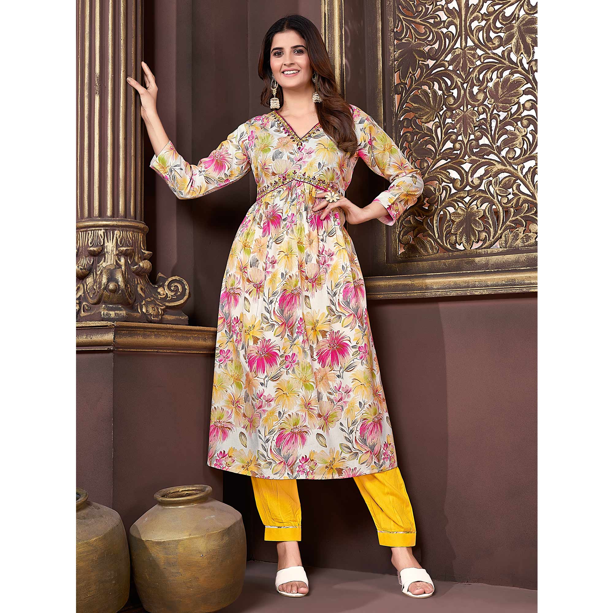 Off White Floral Printed Rayon Alia Cut Salwar Suit