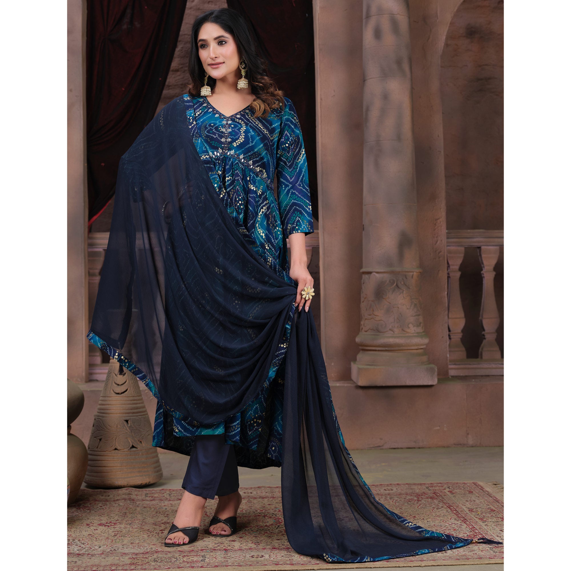 Blue Floral Printed Rayon Alia Cut Salwar Suit