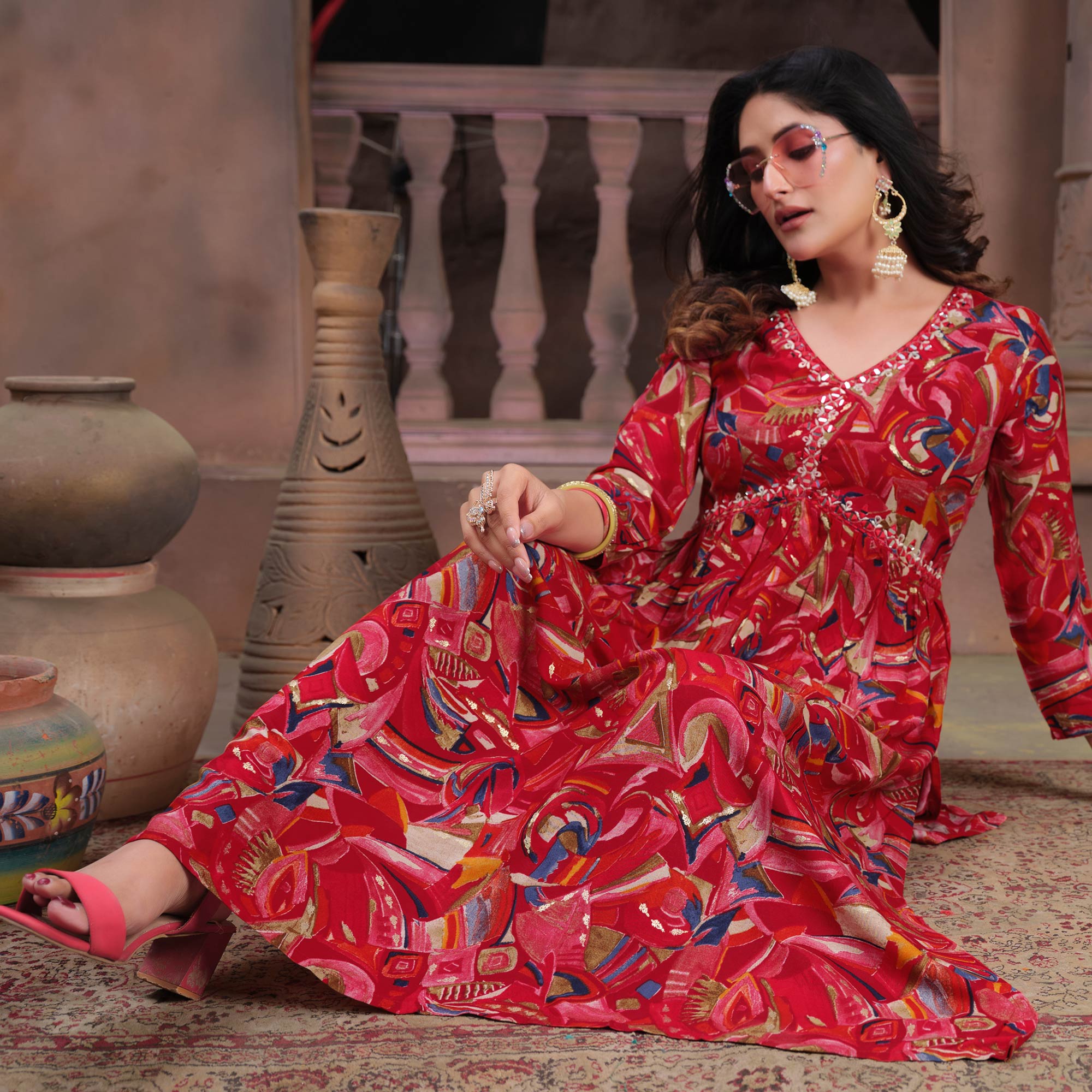 Red Floral Printed Rayon Alia Cut Salwar Suit