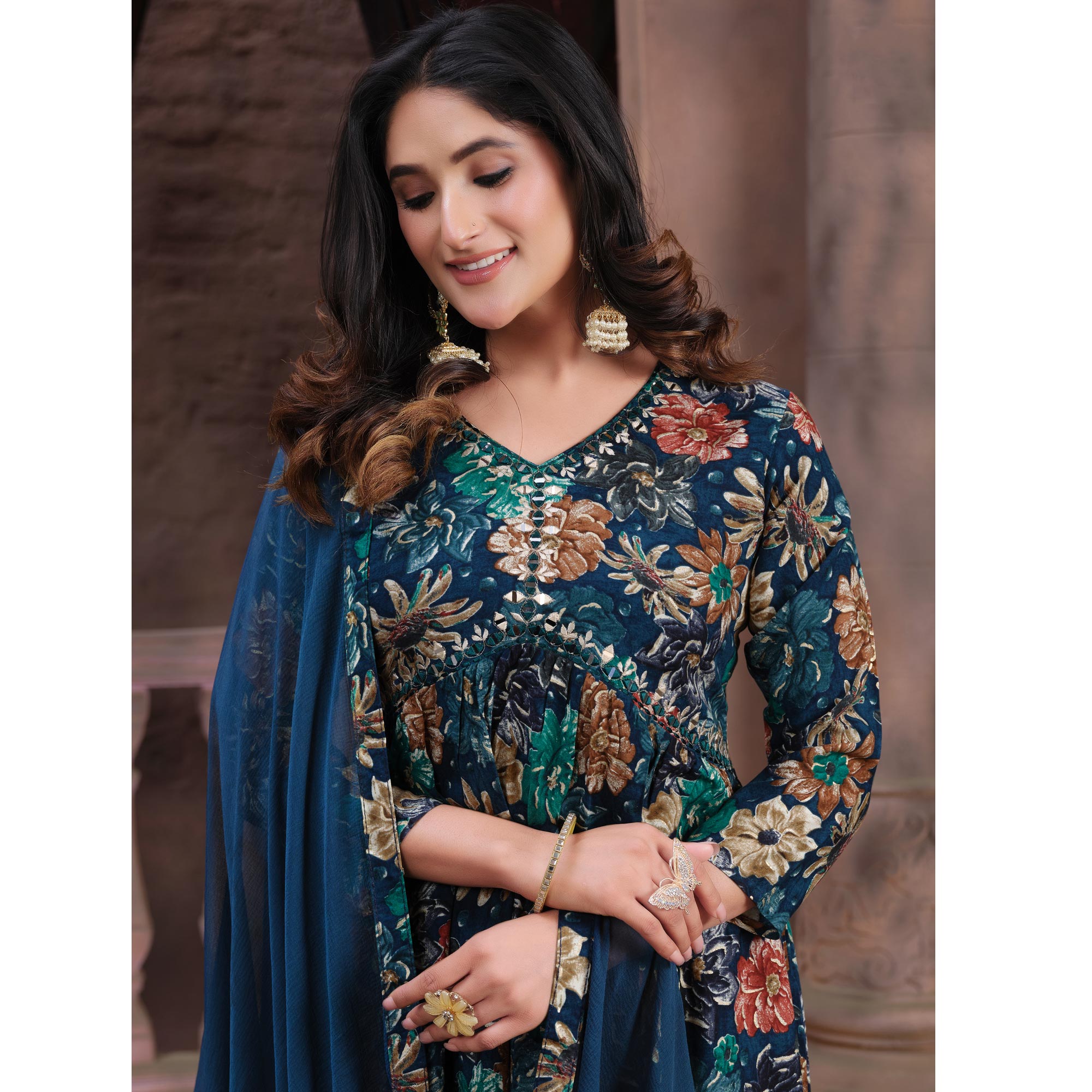 Navy Blue Floral Printed Rayon Alia Cut Salwar Suit