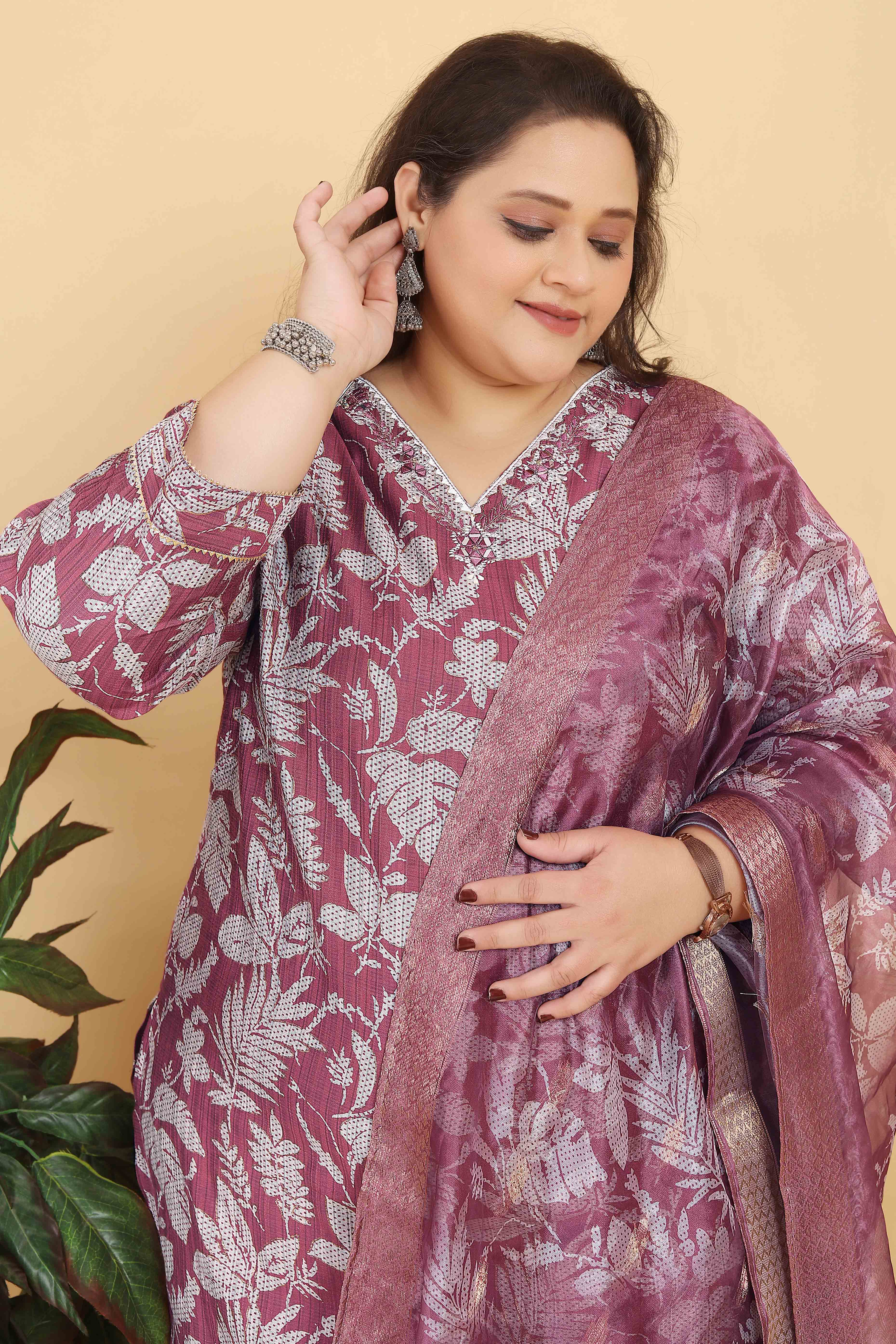Onion Pink Floral Foil Printed With Mirror Handwork Viscose Salwar Suit
