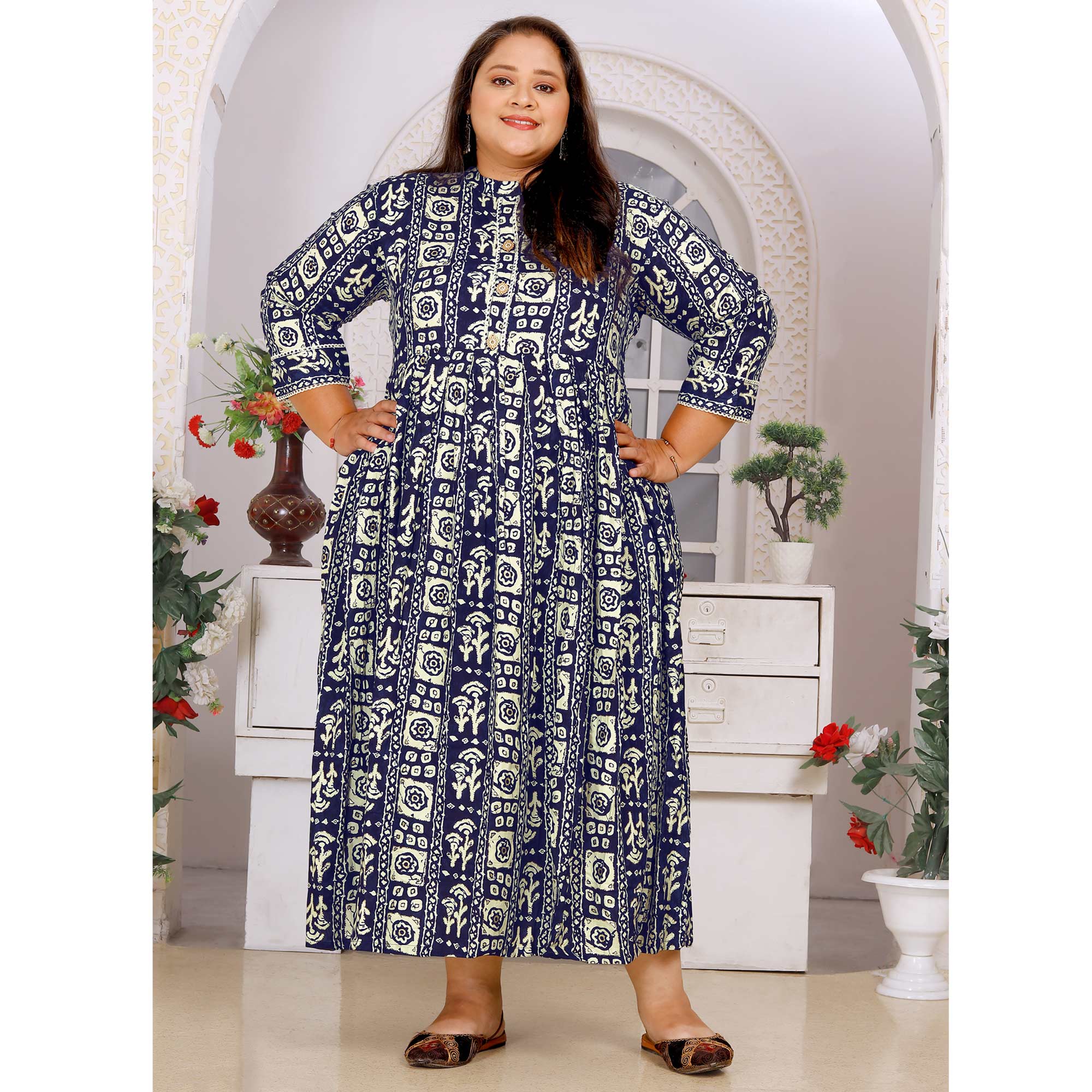 Blue Floral Printed Rayon Long Kurti