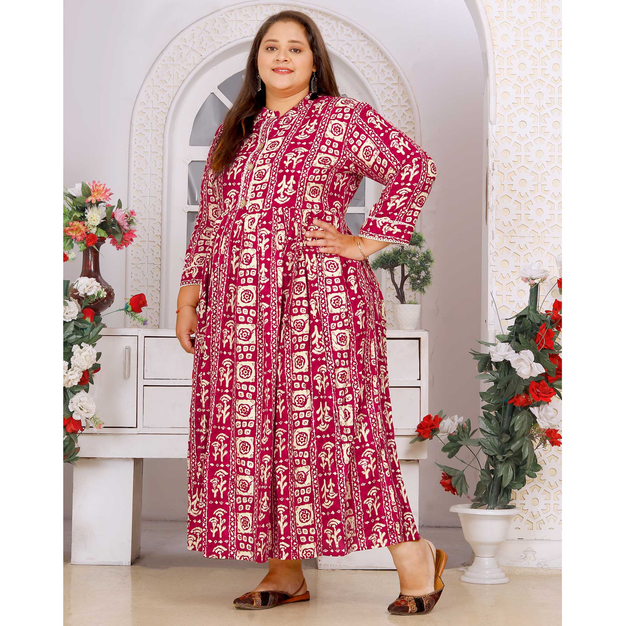 Pink Floral Printed Rayon Long Kurti