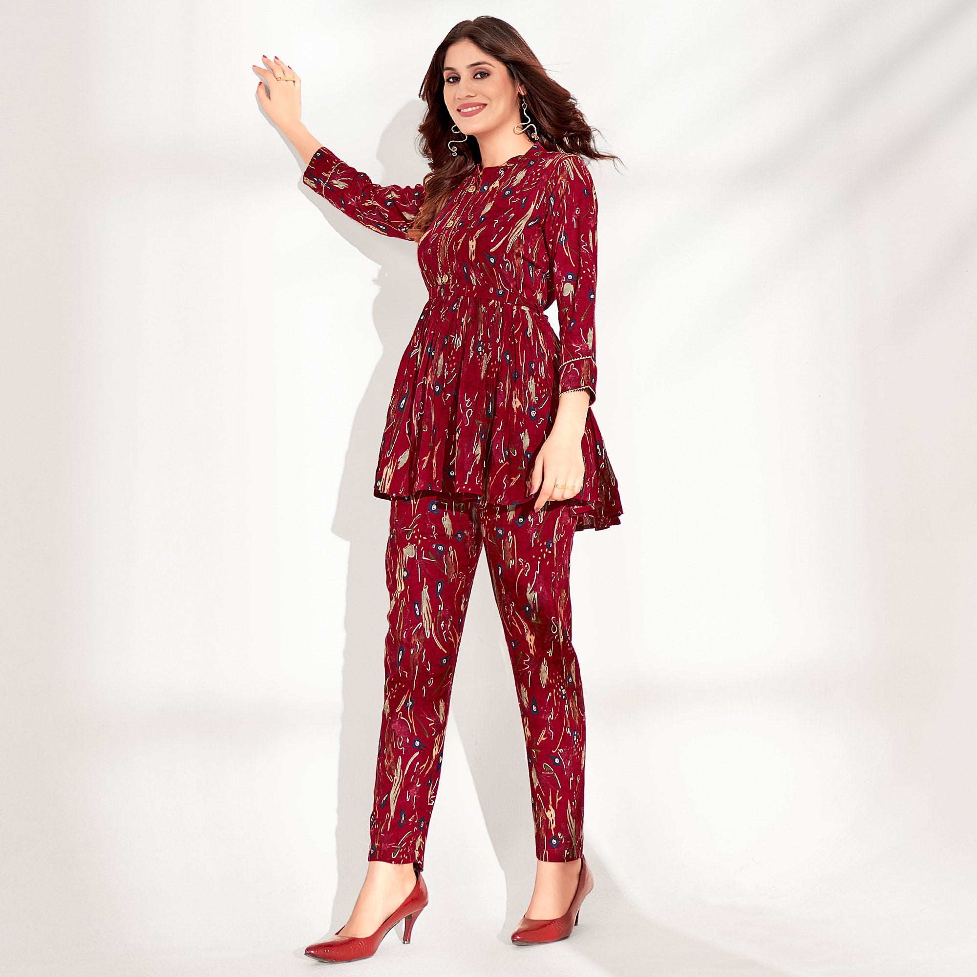 Dark Red Foil Printed Rayon Co Ord Set