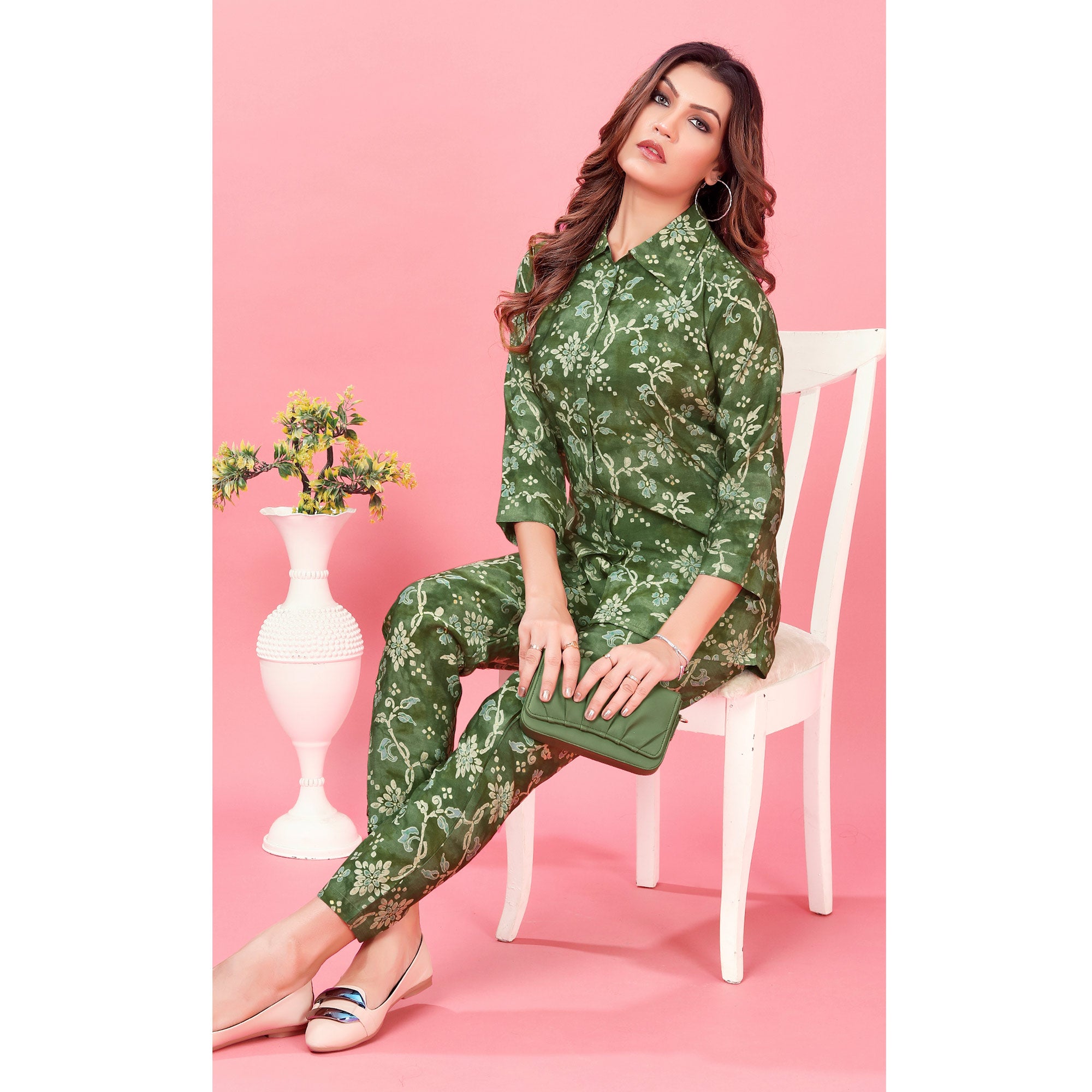 Bottle Green Floral Printed Chanderi Co Ord Set