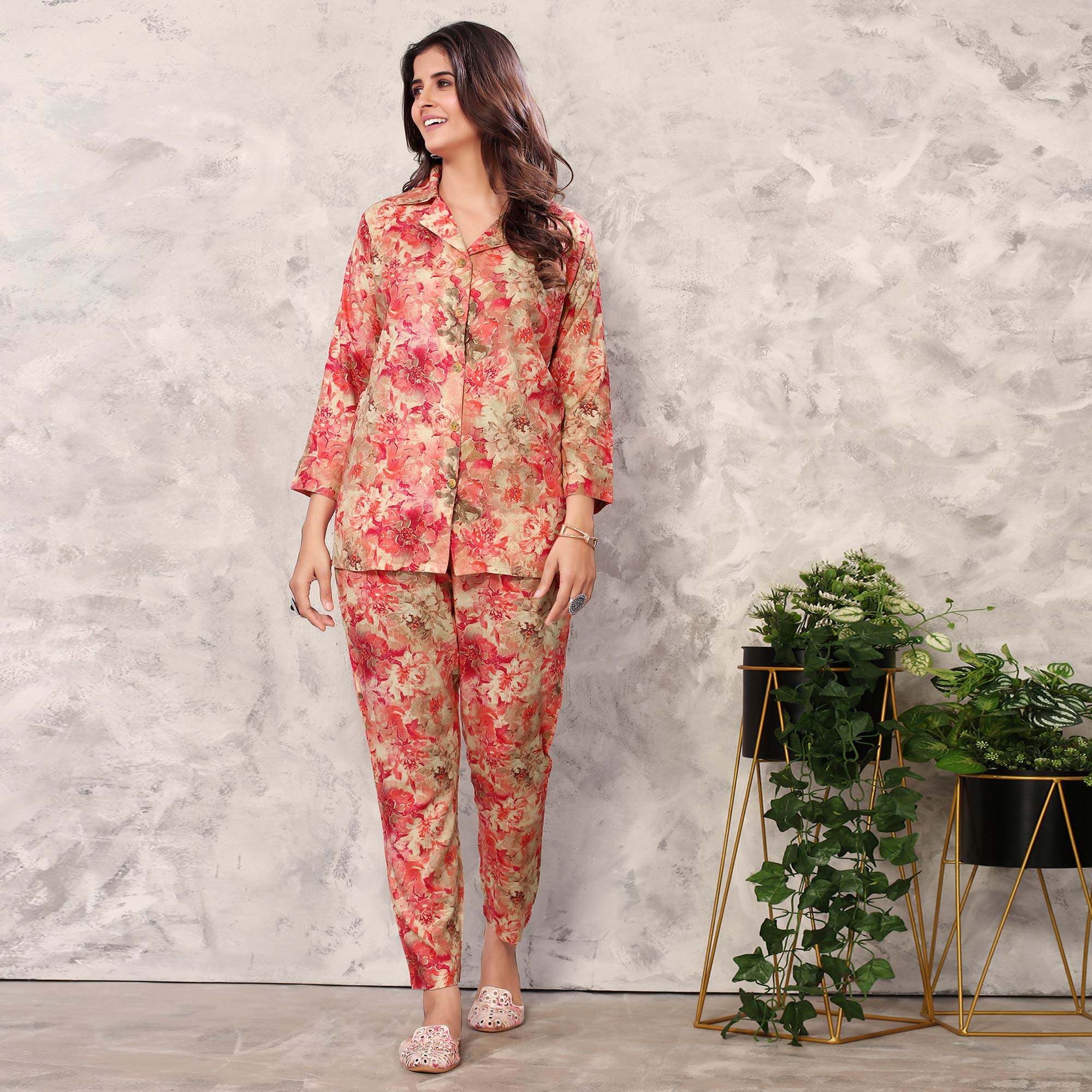 Pink Floral Printed Rayon Co Ord Set