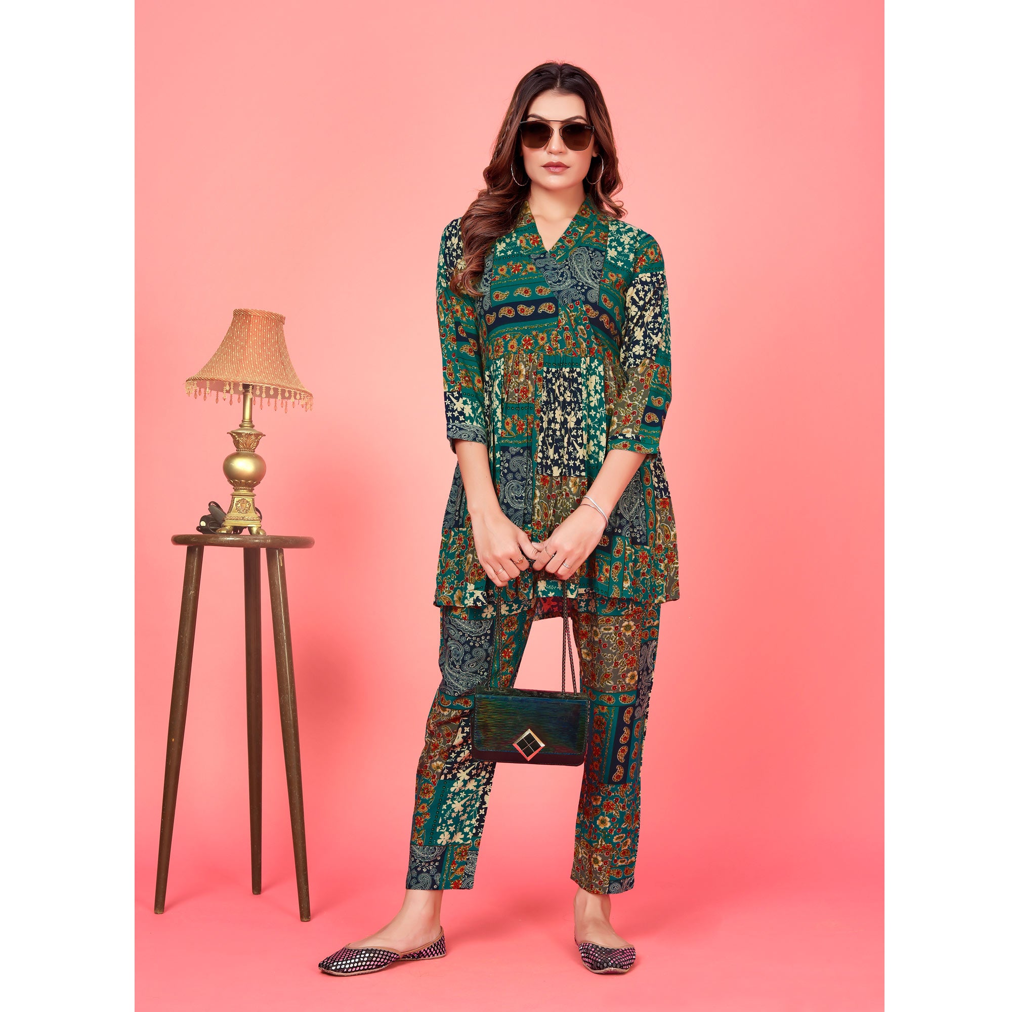 Rama Green Floral Printed Rayon Co Ord Set