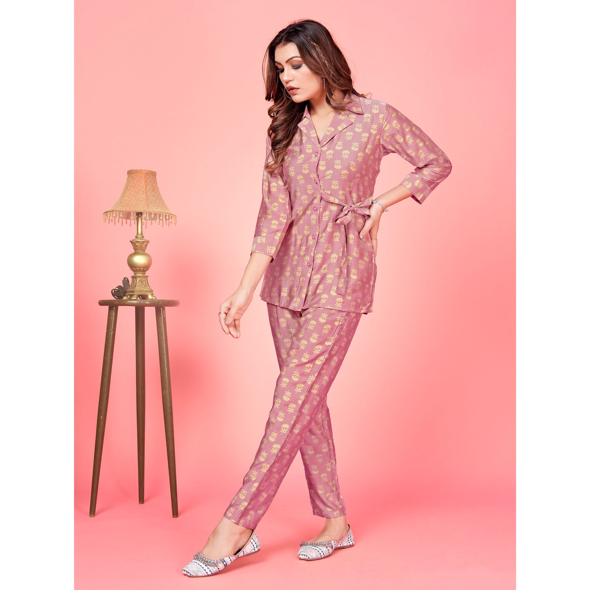 Pink Floral Printed Pure Silk Co Ord Set