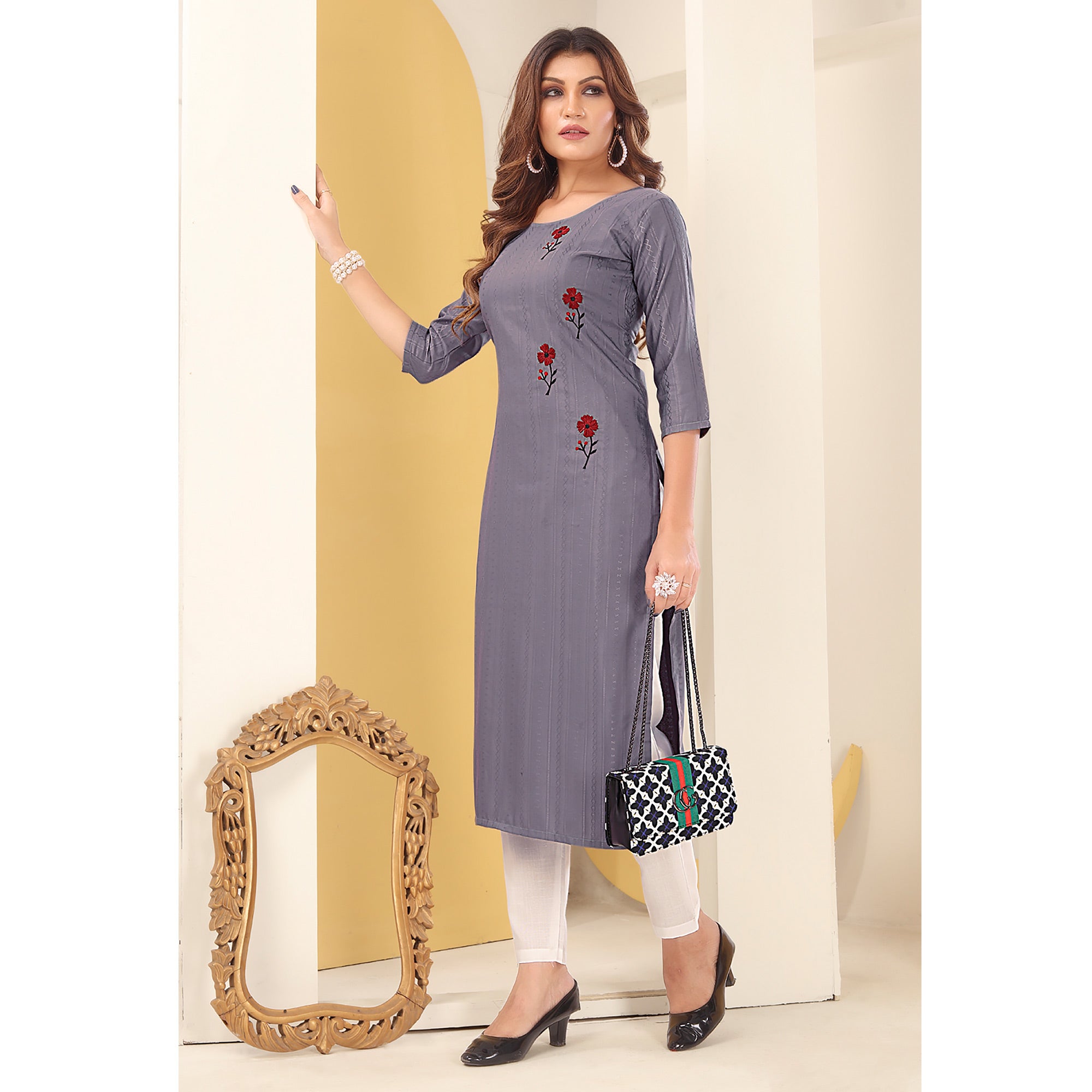 Grey Floral Embroidered Art Silk Kurti