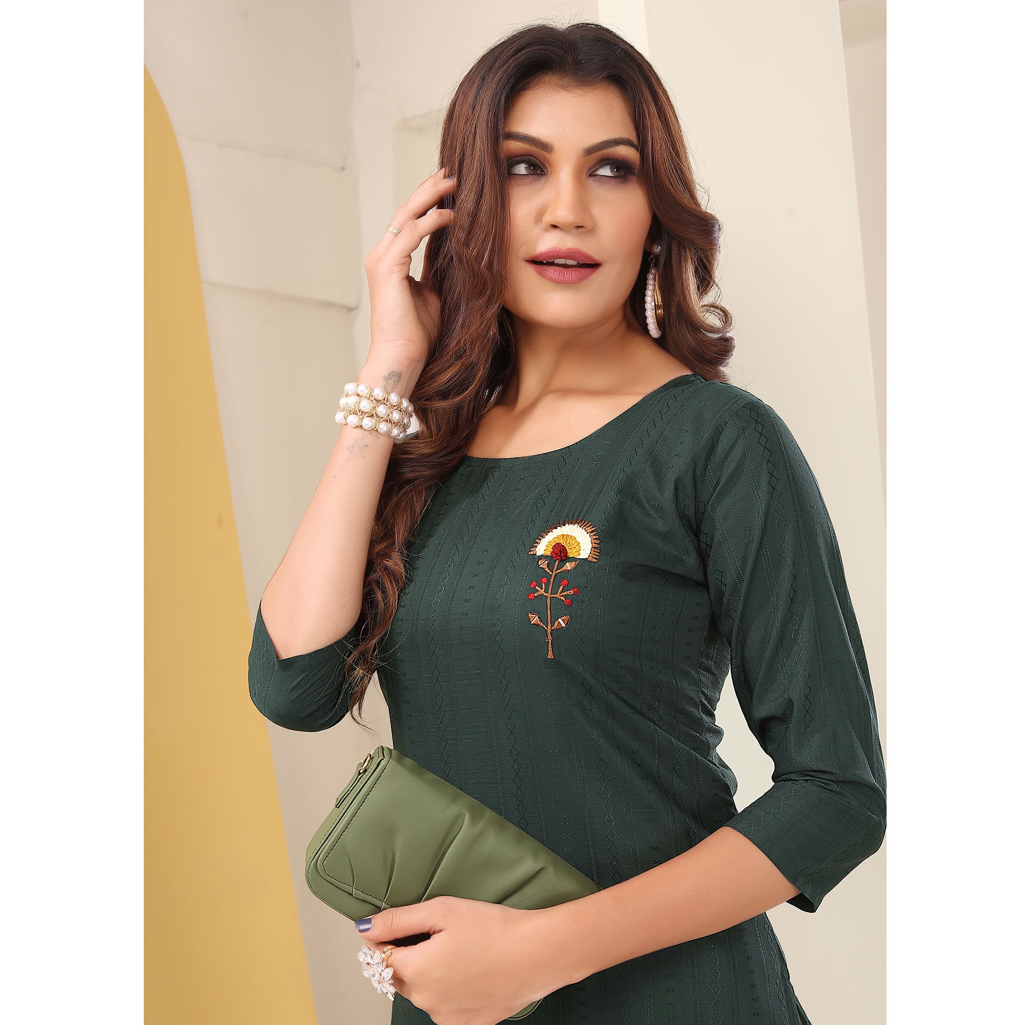 Green Floral Embroidered Art Silk Kurti