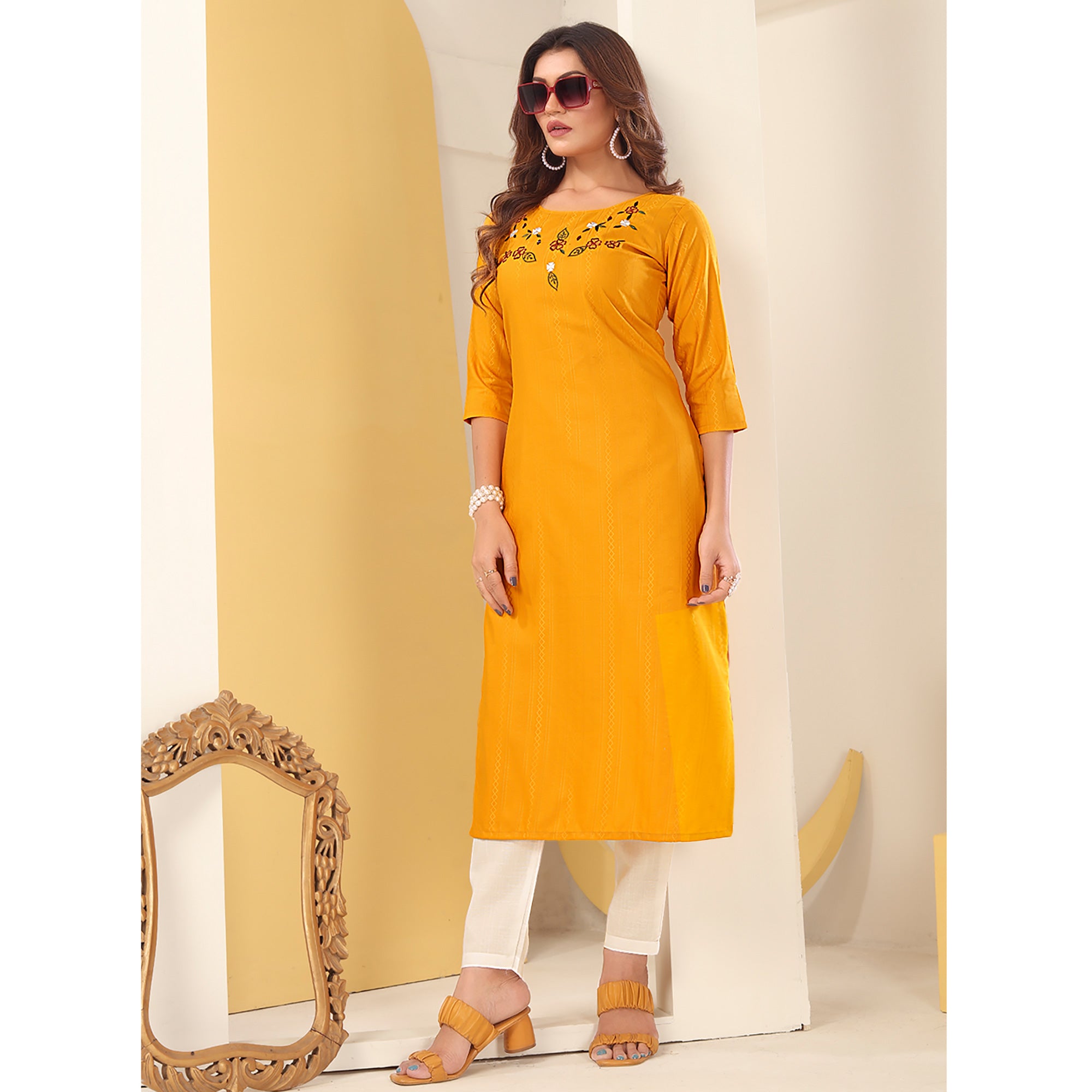 Yellow Floral Embroidered Art Silk Kurti