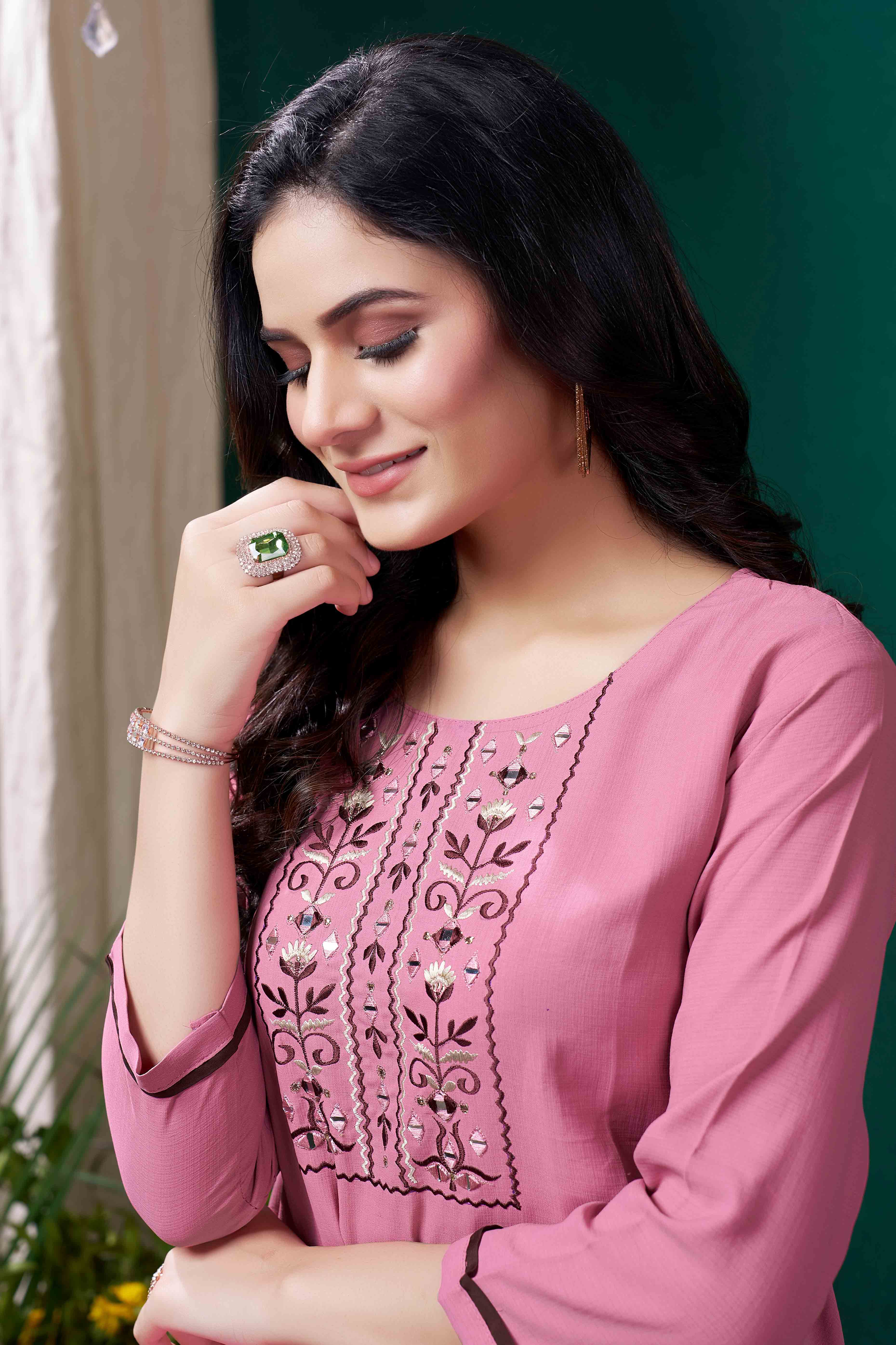 Pink Yoke Embroidered Pure Cotton Straight Kurti