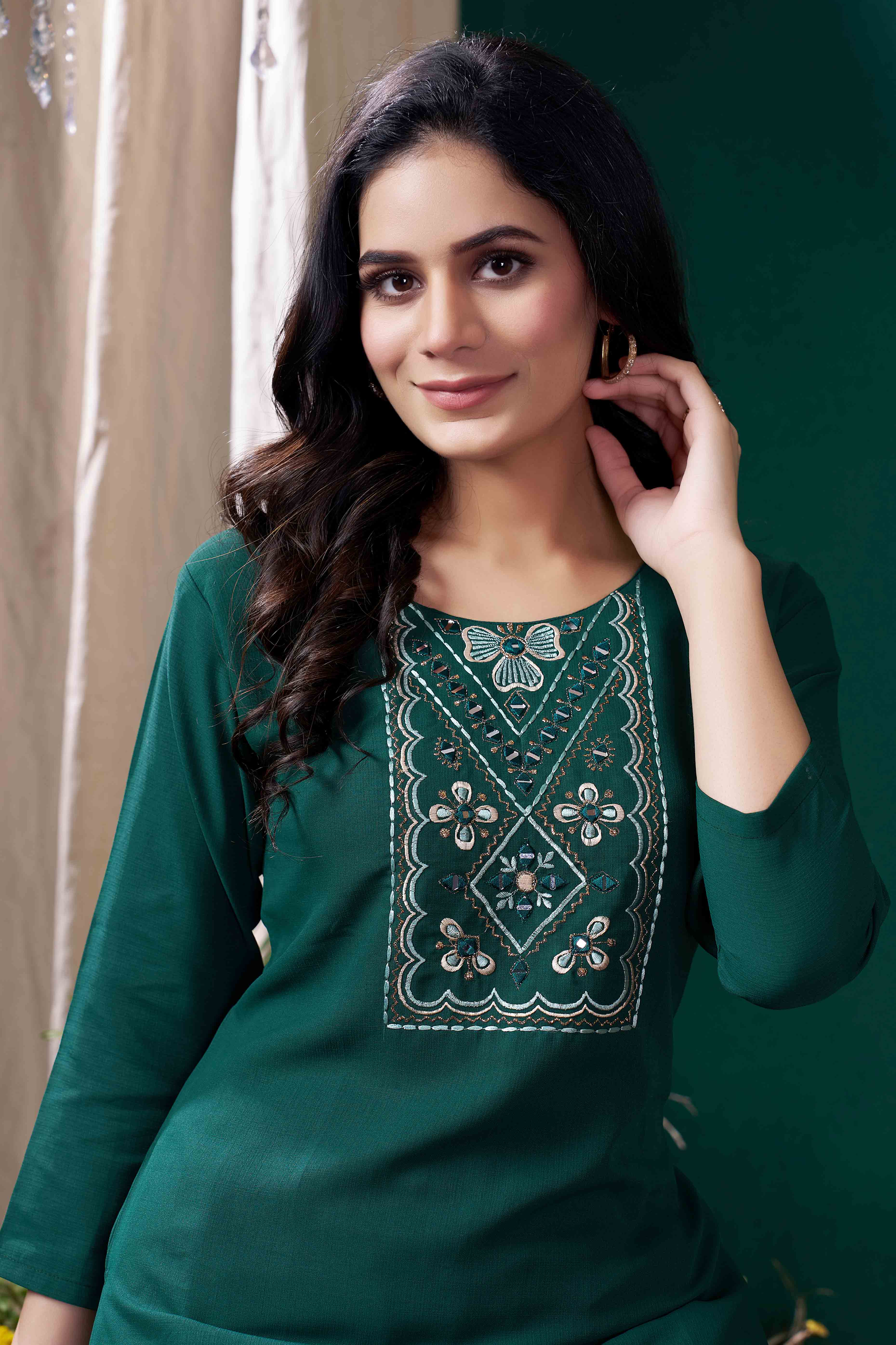 Green Yoke Embroidered Pure Cotton Straight Kurti