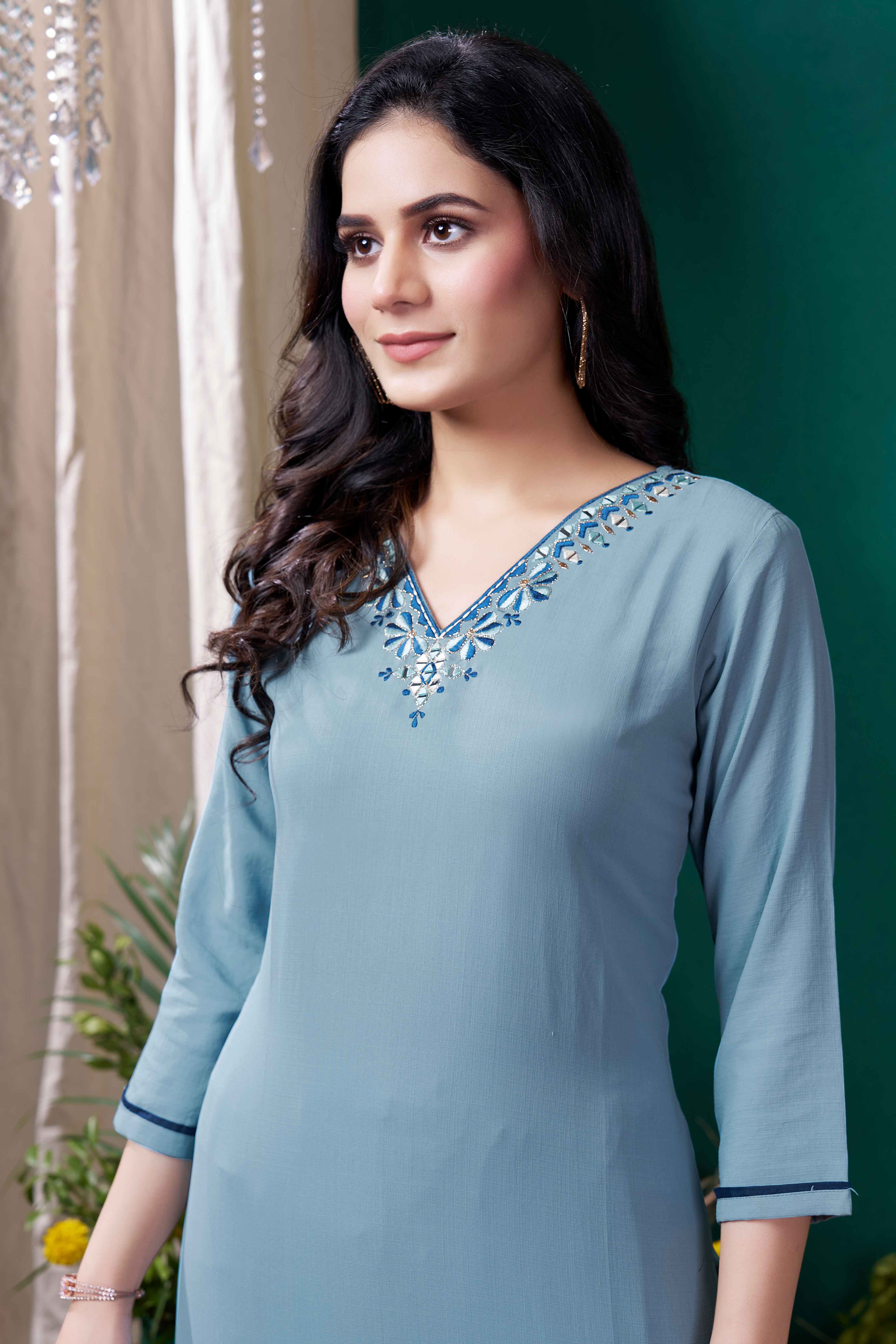 Blue Yoke Embroidered Pure Cotton Straight Kurti