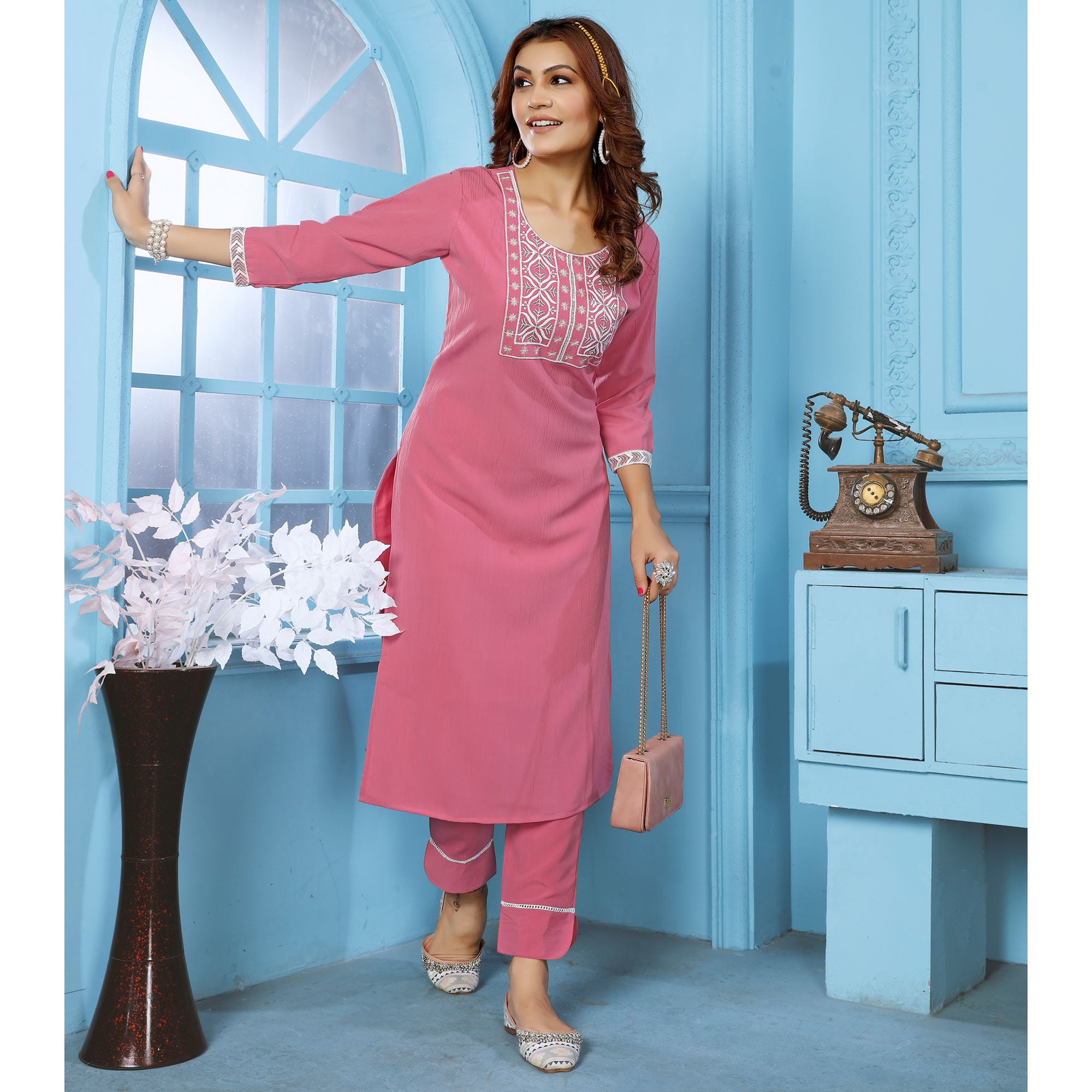 Pink Sequins Embroidered Cotton Blend Kurti Pant Set