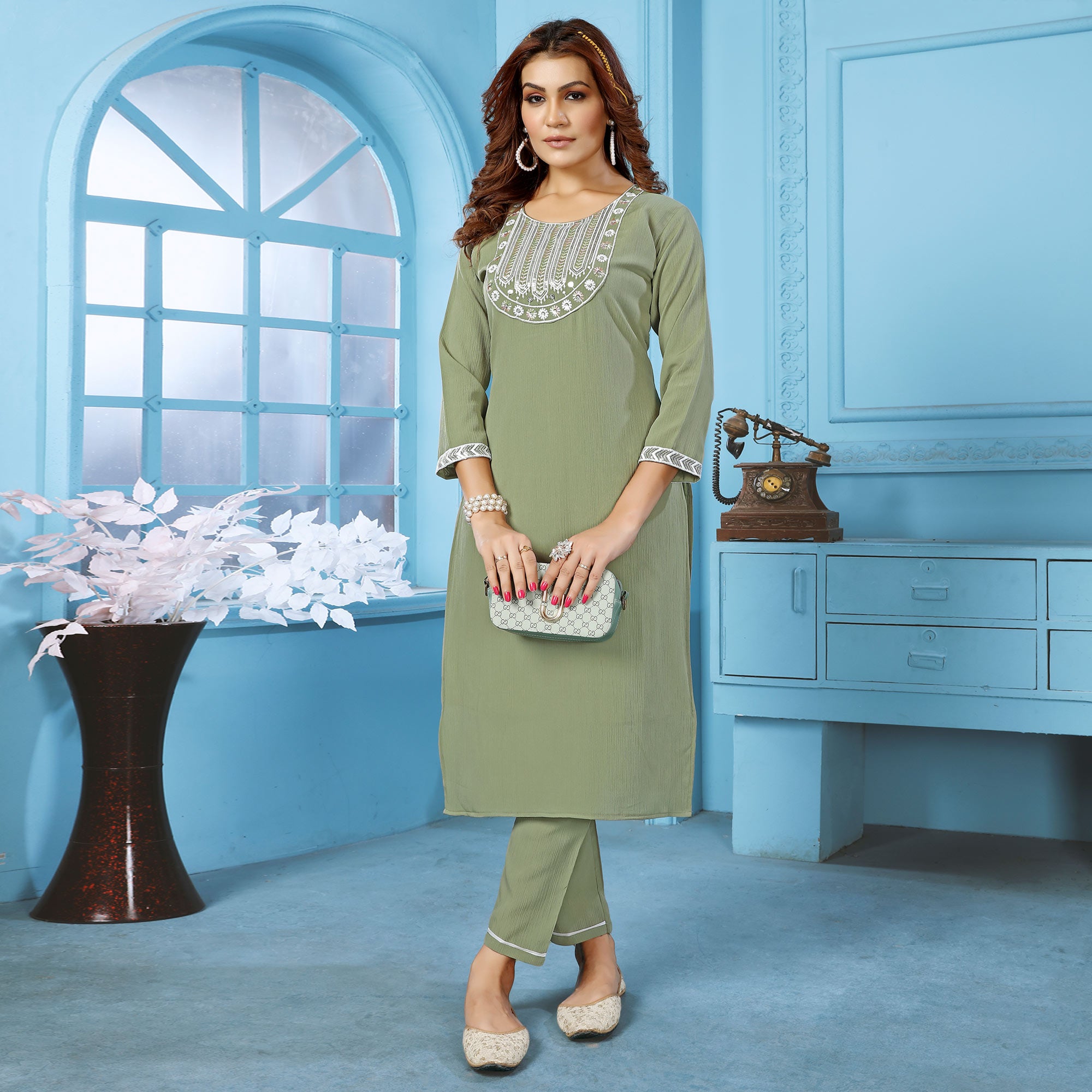 Green Sequins Embroidered Cotton Blend Kurti Pant Set