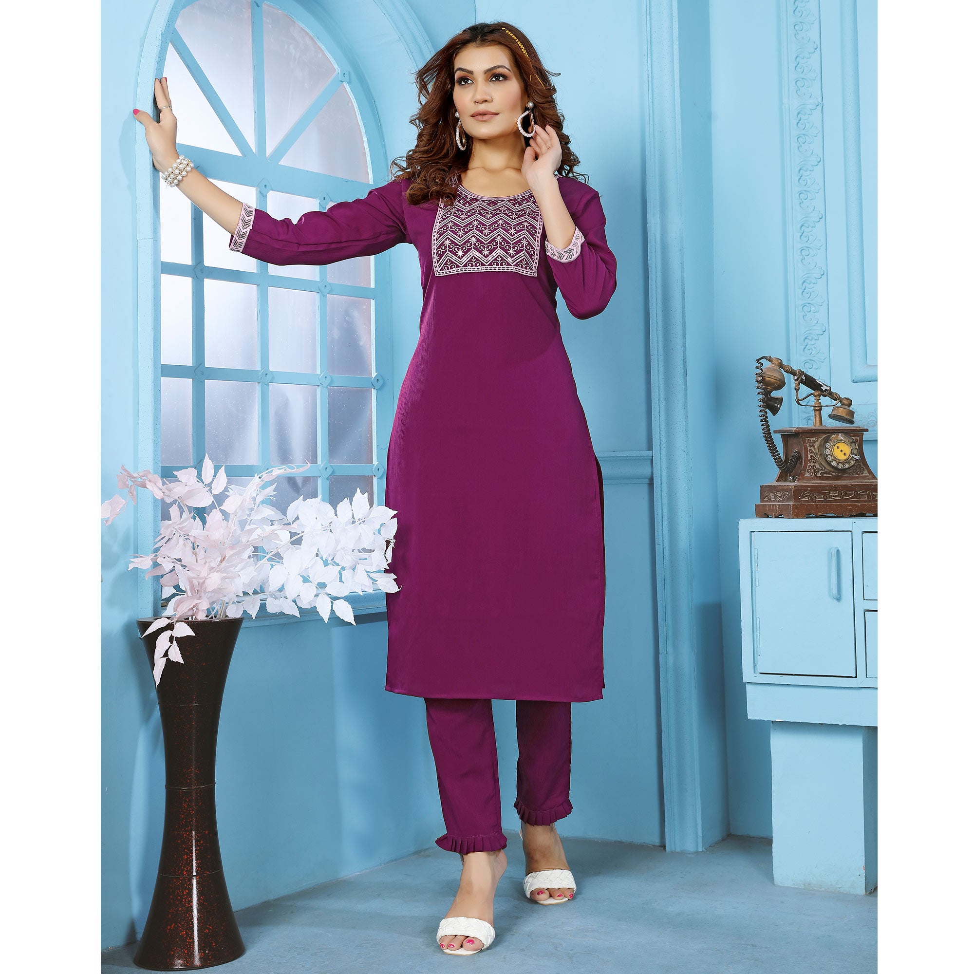 Purple Sequins Embroidered Cotton Blend Kurti Pant Set