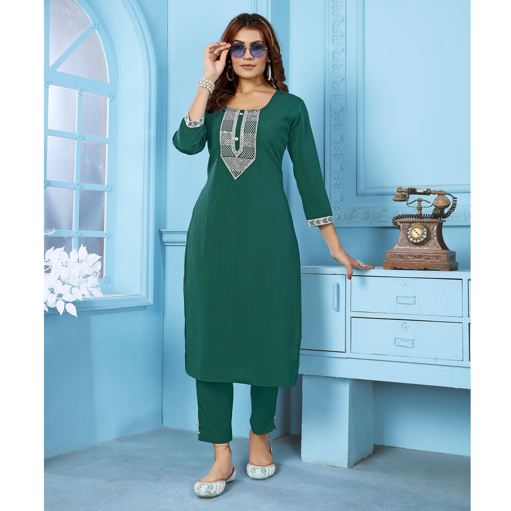 Green Sequins Embroidered Cotton Blend Kurti Pant Set