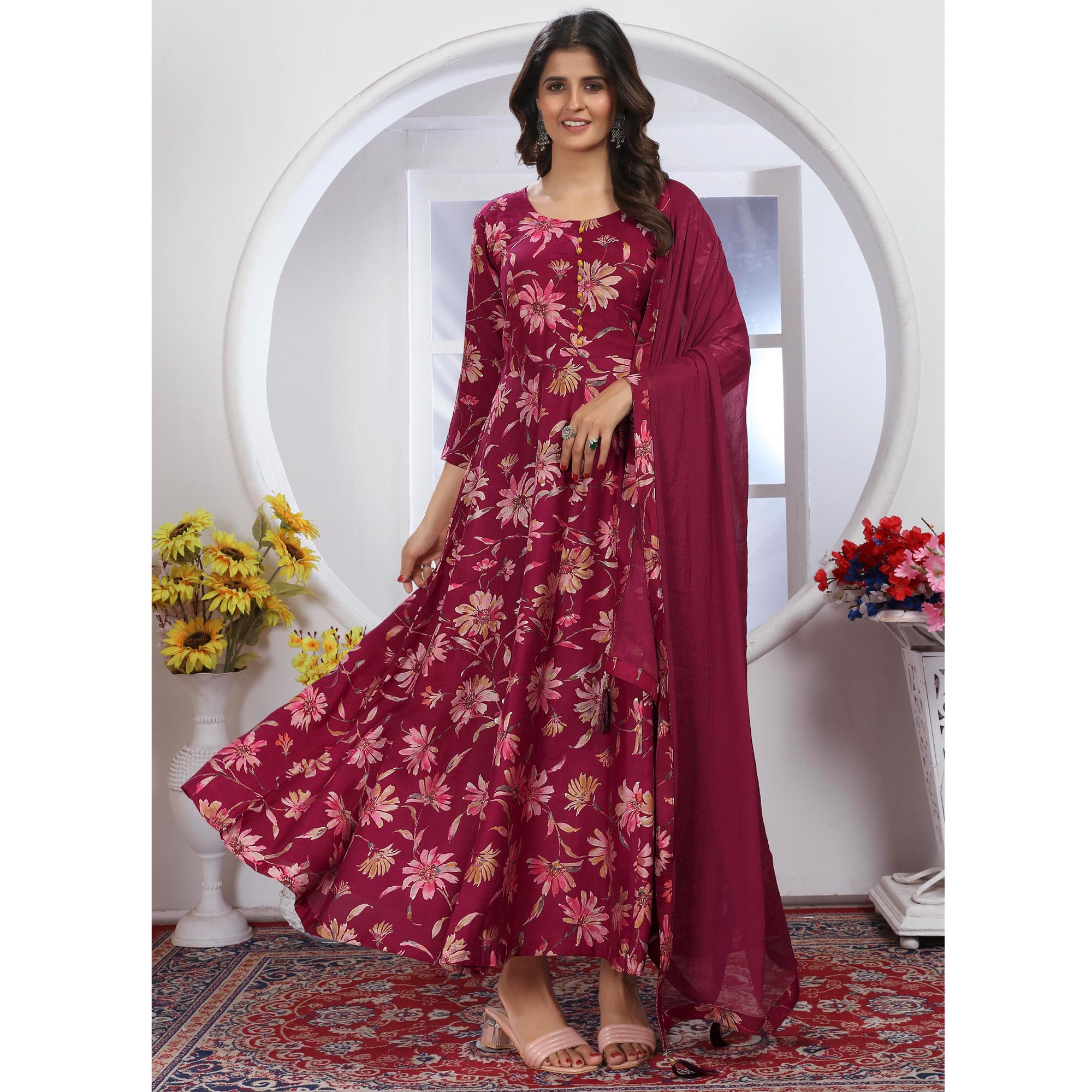 Pink Floral Foil Printed Chanderi Long Kurti