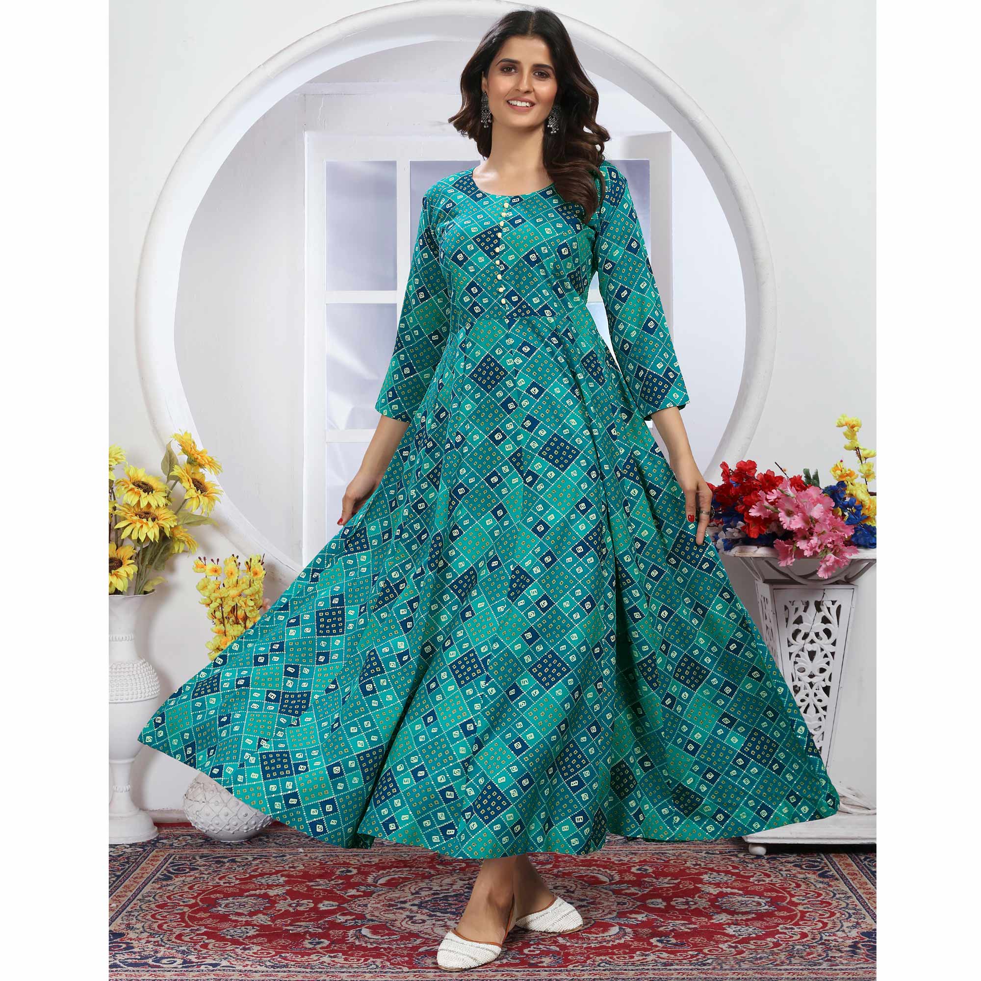 Turquoise Bandhani Foil Printed Rayon Long Kurti