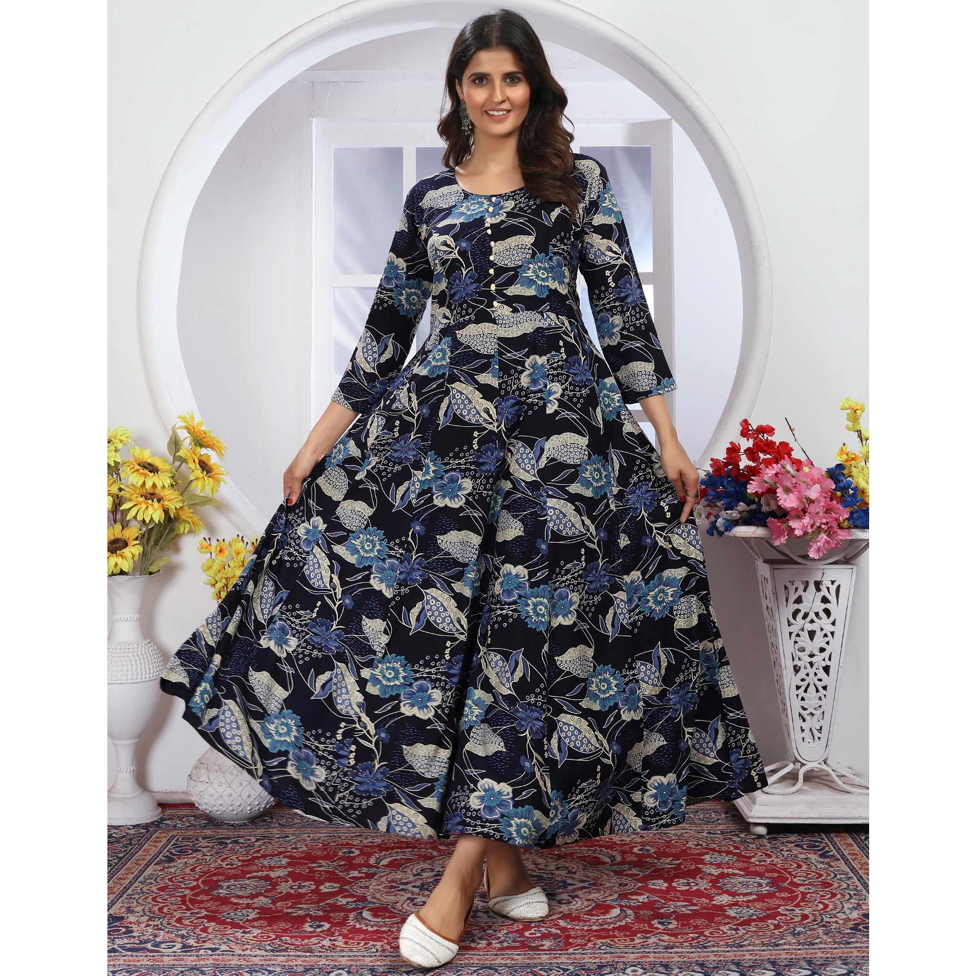 Navy Blue Floral Foil Printed Rayon Long Kurti