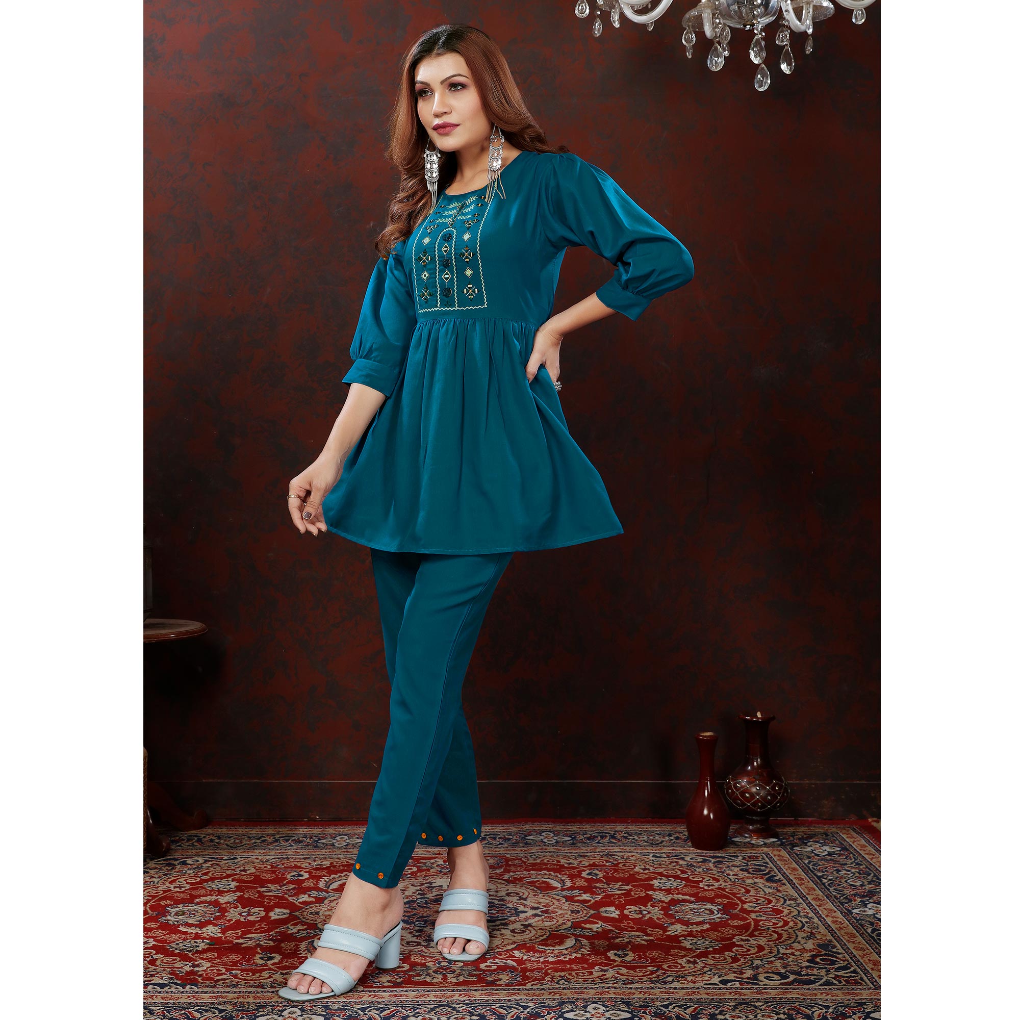 Teal Blue Embroidered Cotton Blend Co Ord Set