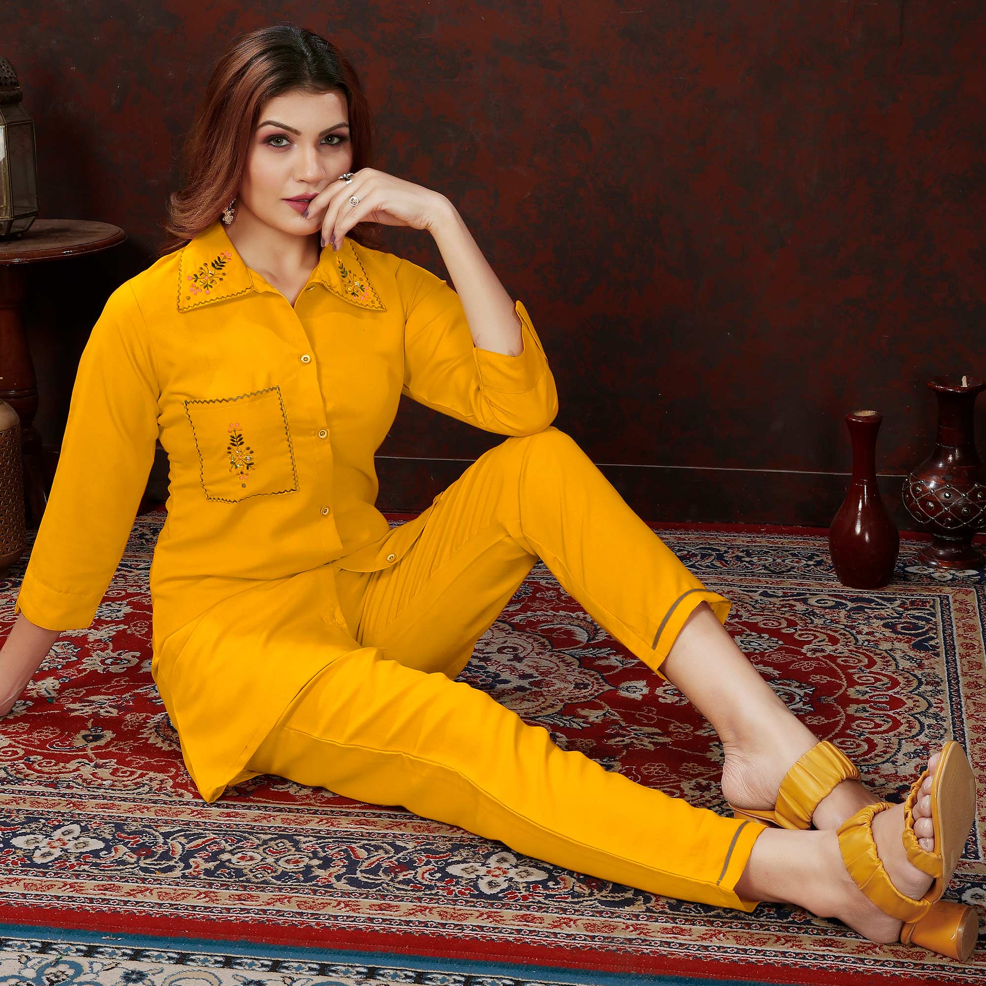 Yellow Embroidered Cotton Blend Co Ord Set