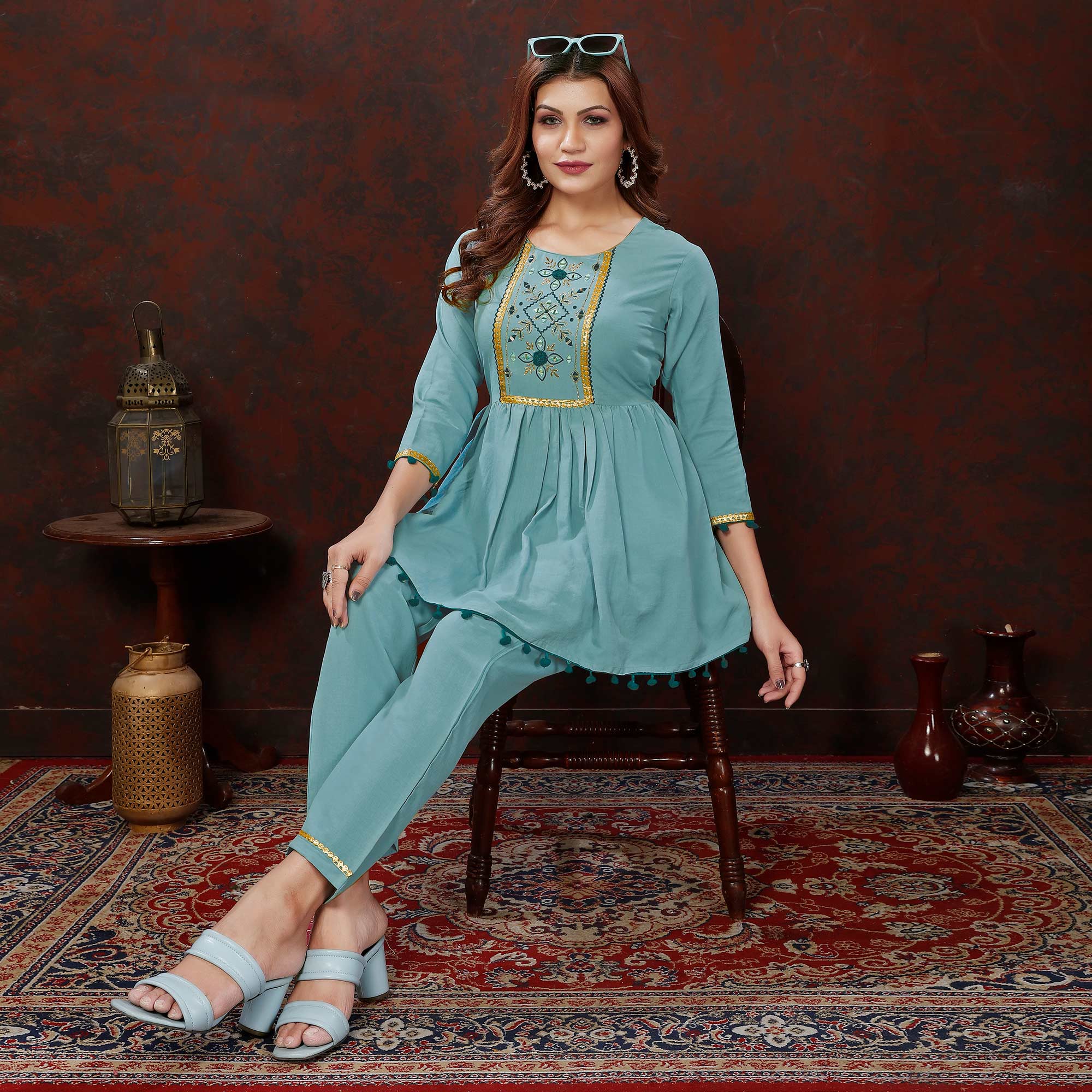 Dusty Turquoise Embroidered Cotton Blend Co Ord Set