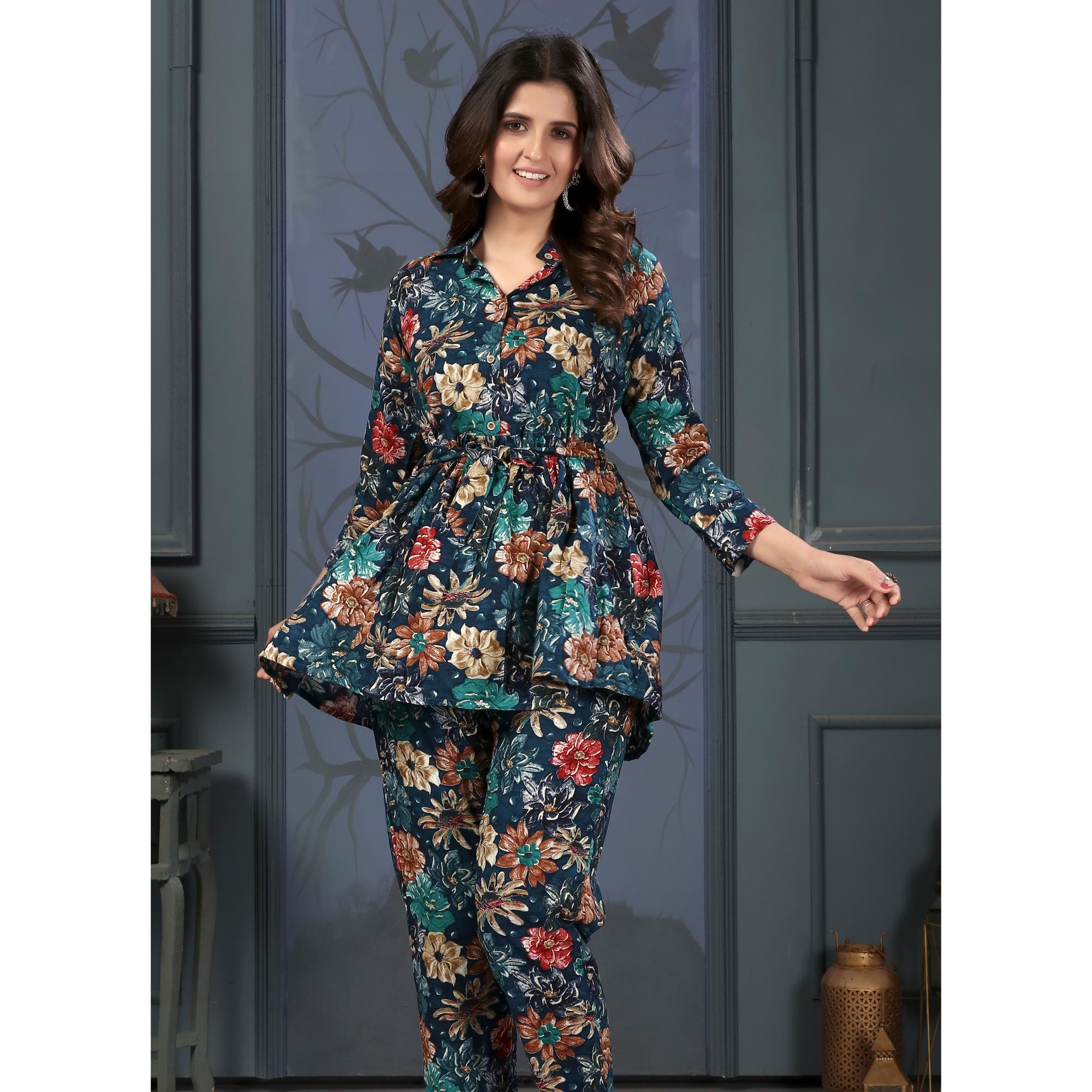 Navy Blue Floral Digital Printed Rayon Co-Ord Set