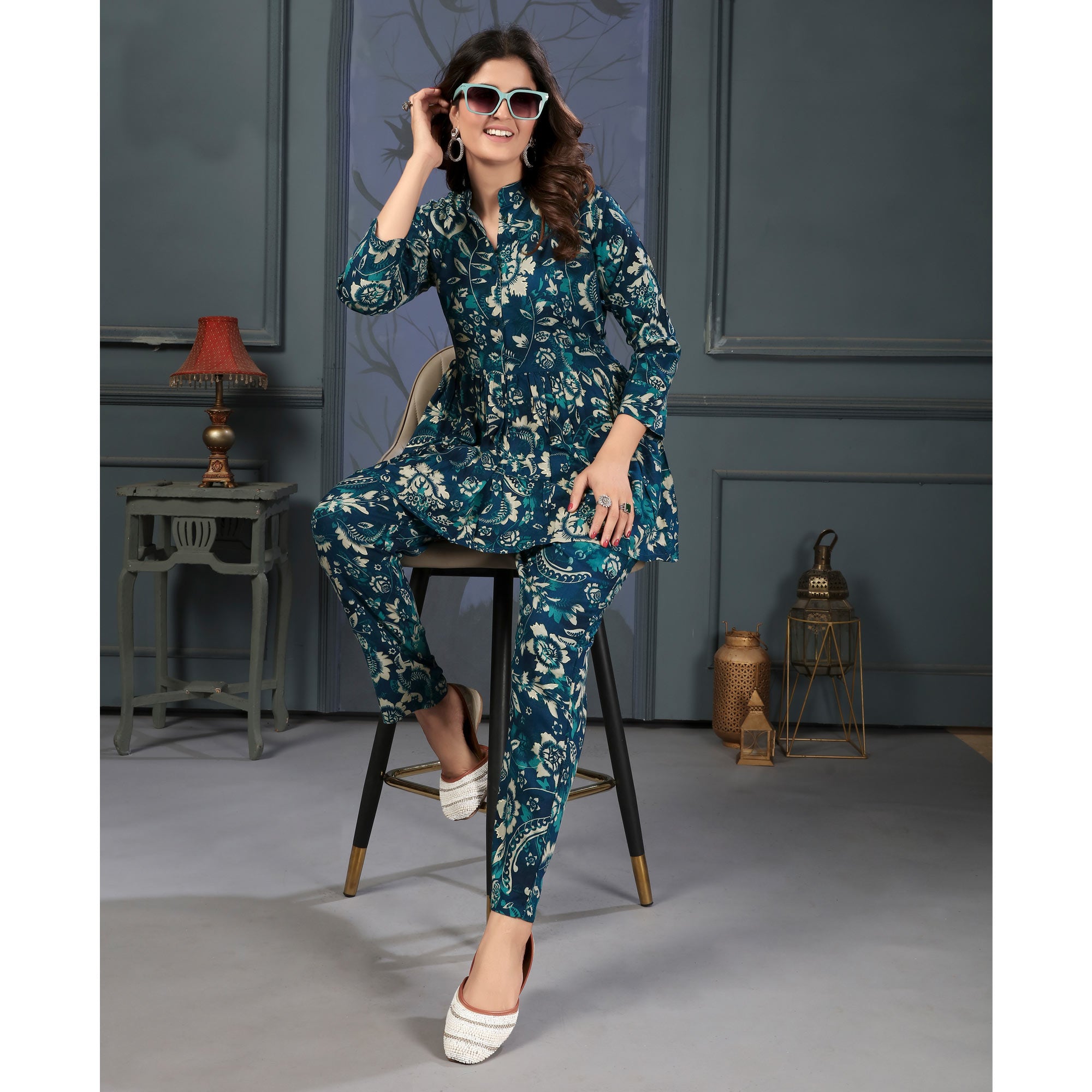 Teal Floral Digital Printed Rayon Co-Ord Set