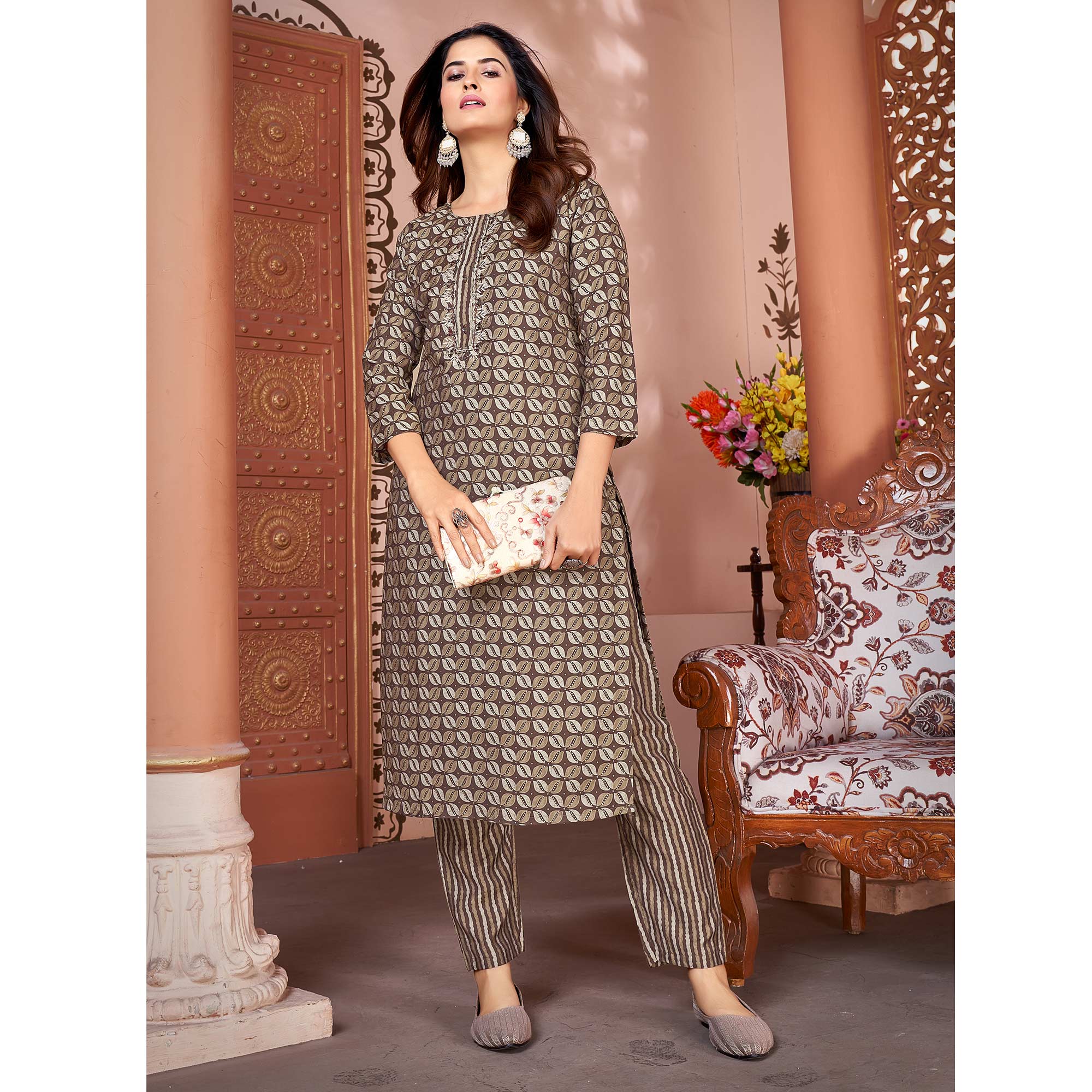 Brown Foil Printed Viscose Straight Kurti Sets
