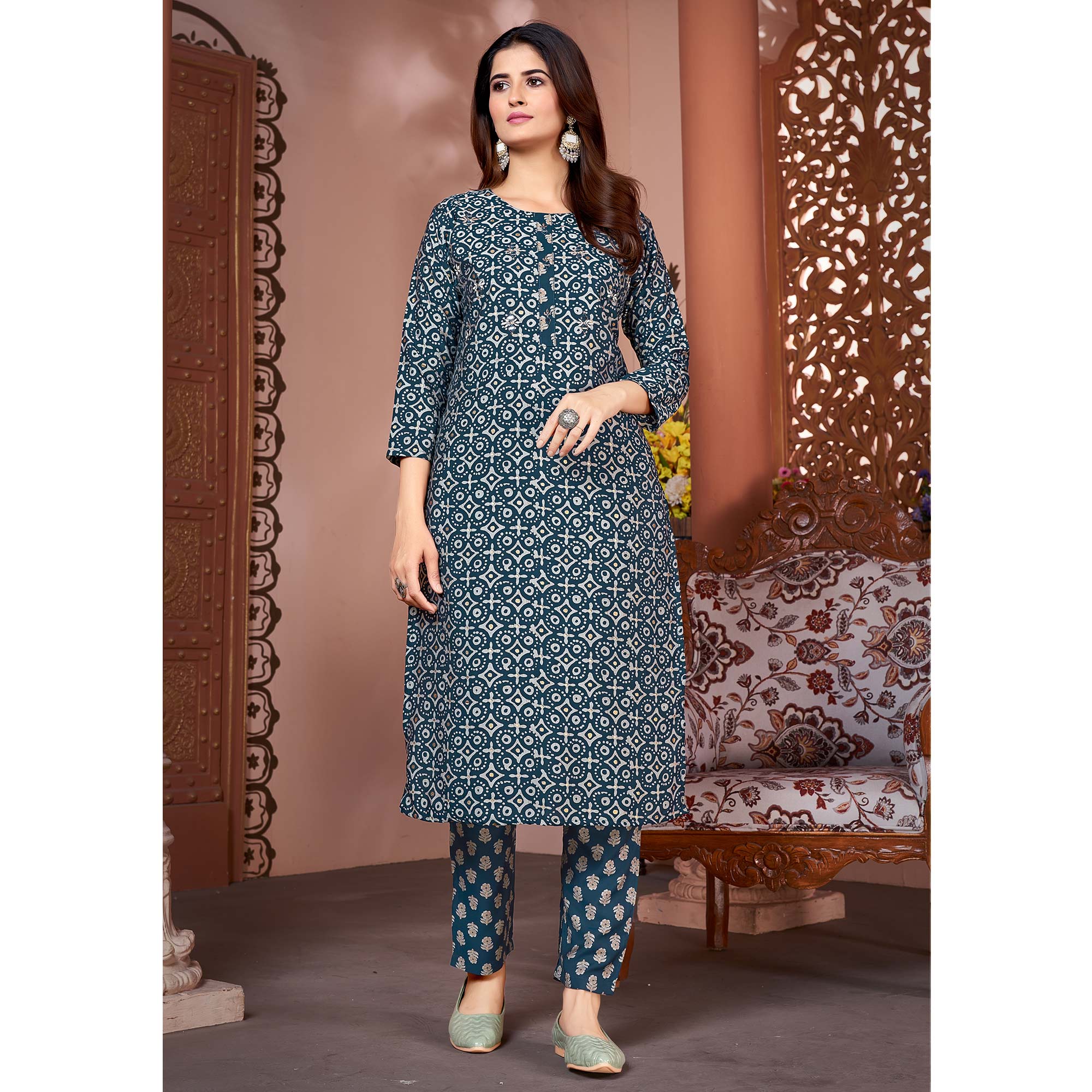 Morpich Blue Foil Printed Viscose Straight Kurti Sets