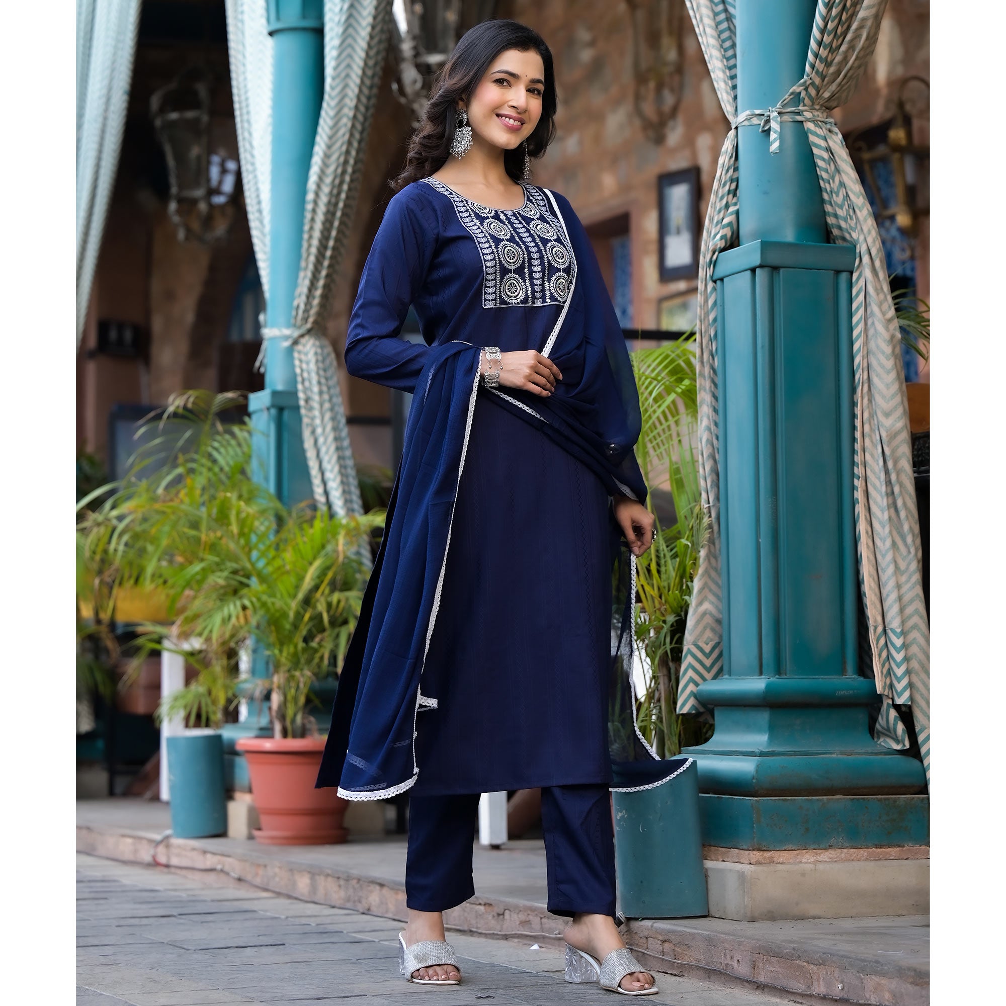 Navy Blue Embroidered Pure Cotton Straight Salwar Suit