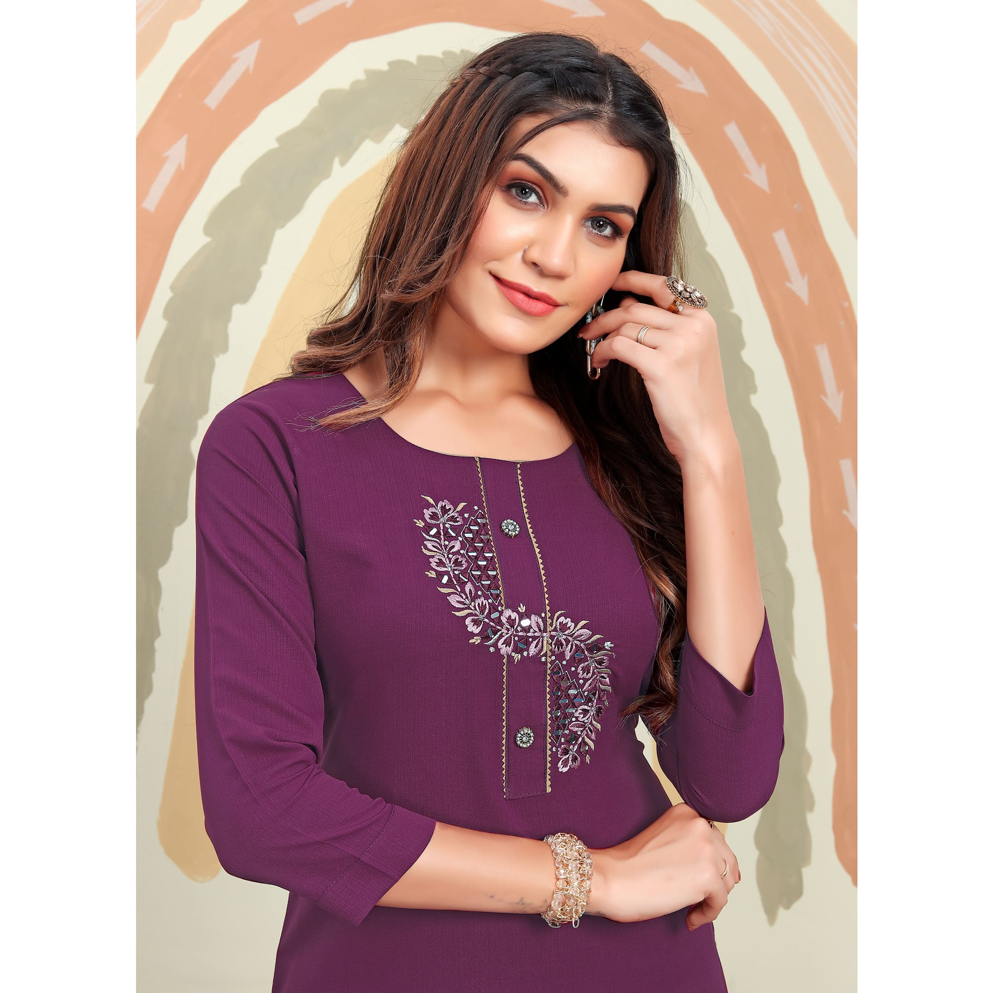 Purple Mirror Embroidered Cotton Blend Kurti