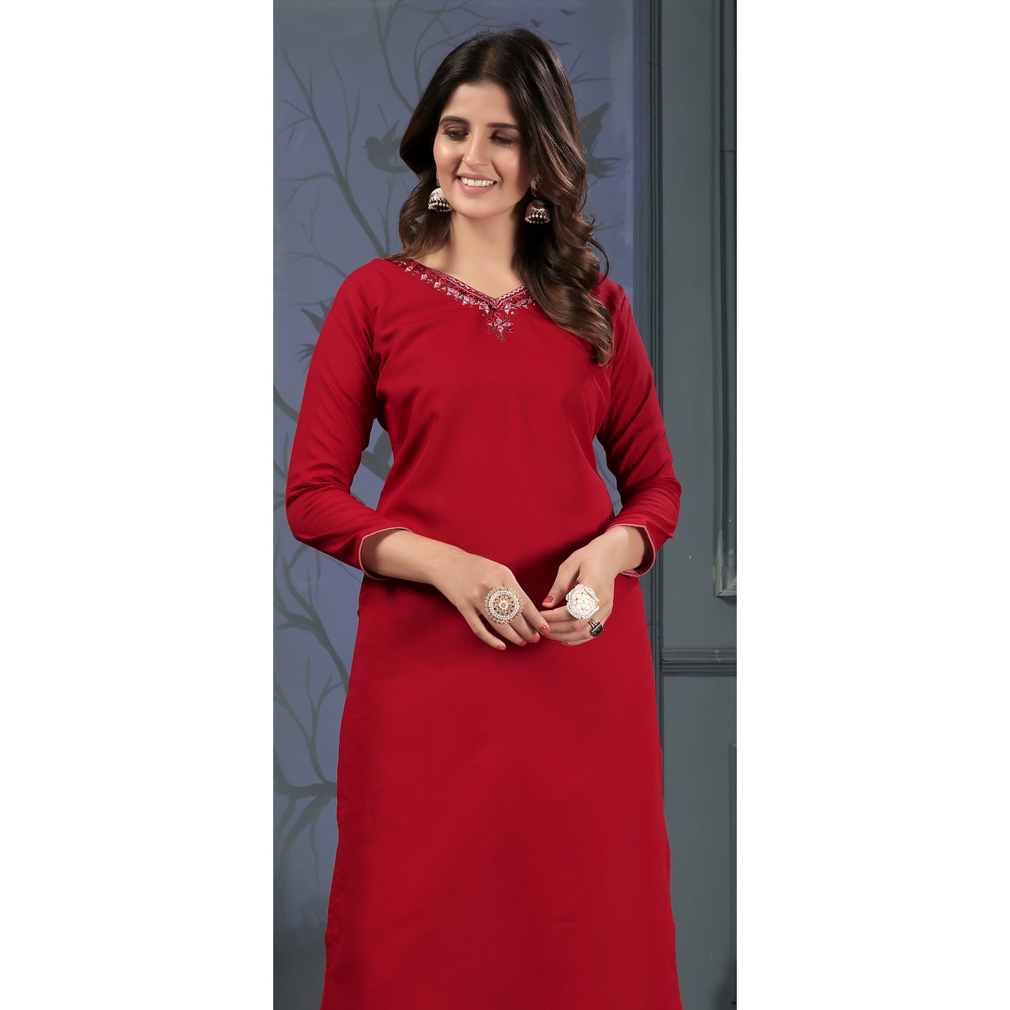 Red Solid With Mirror Embroidered Cotton Blend Kurti