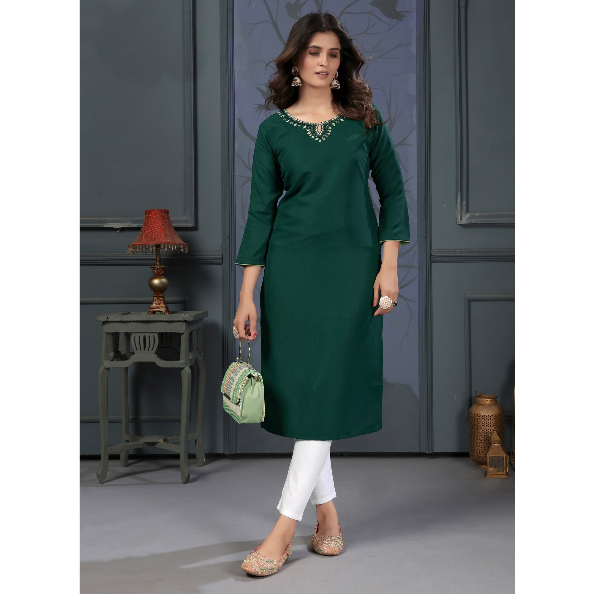 Green Solid With Mirror Embroidered Cotton Blend Kurti