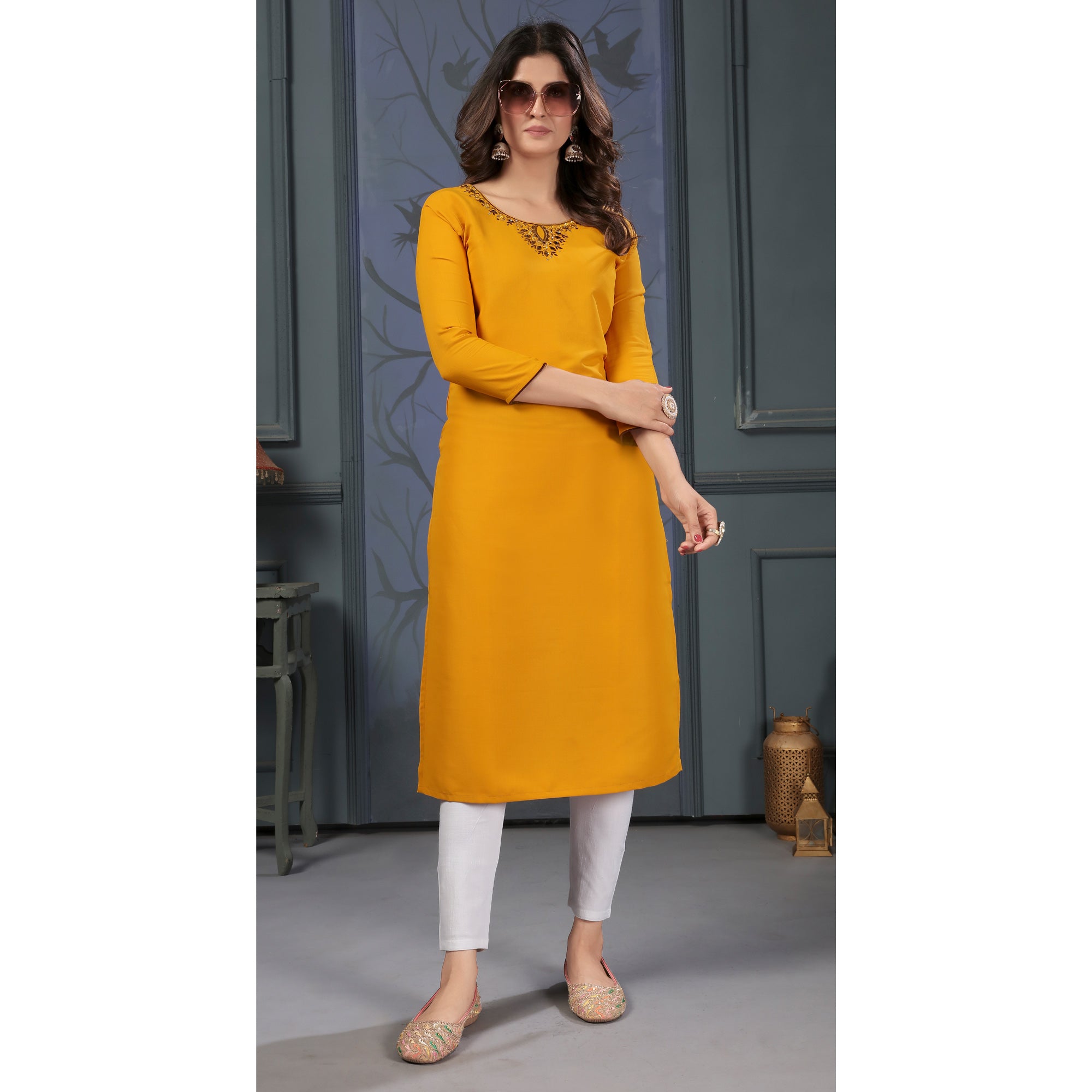 Mustard Solid With Mirror Embroidered Cotton Blend Kurti