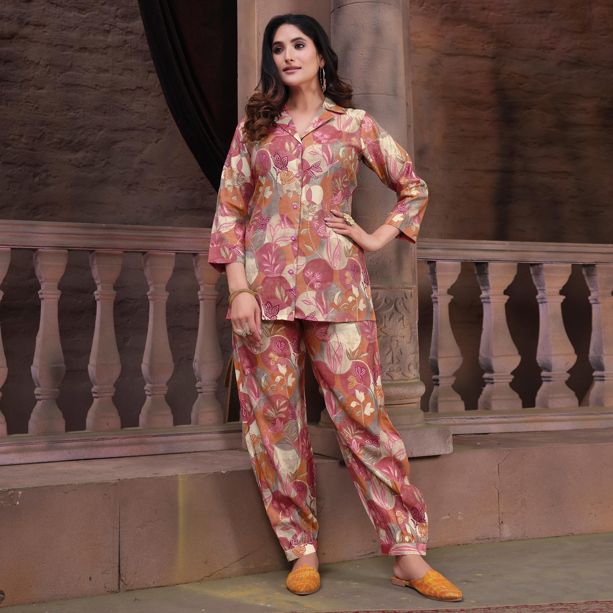 Pink Floral Printed Chanderi Co Ord Set