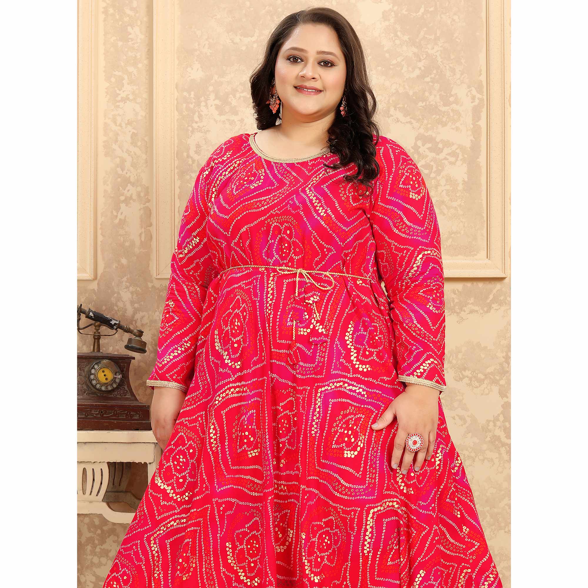 Pink Bandhani Printed Rayon Long Kurti