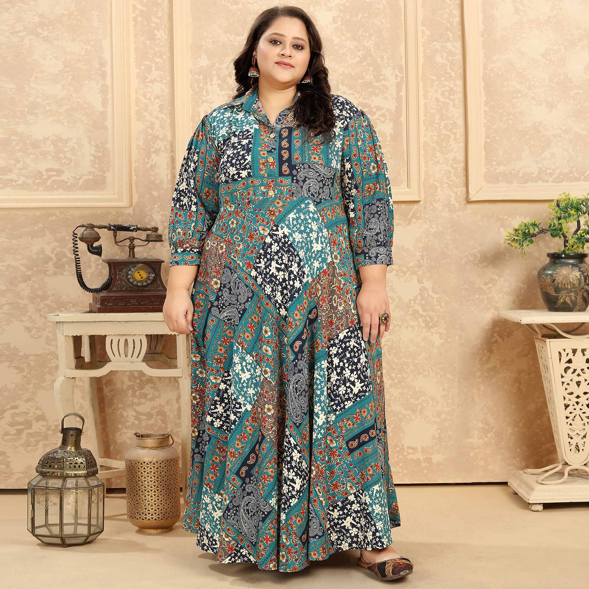 Rama Blue Floral Printed Rayon Long Kurti