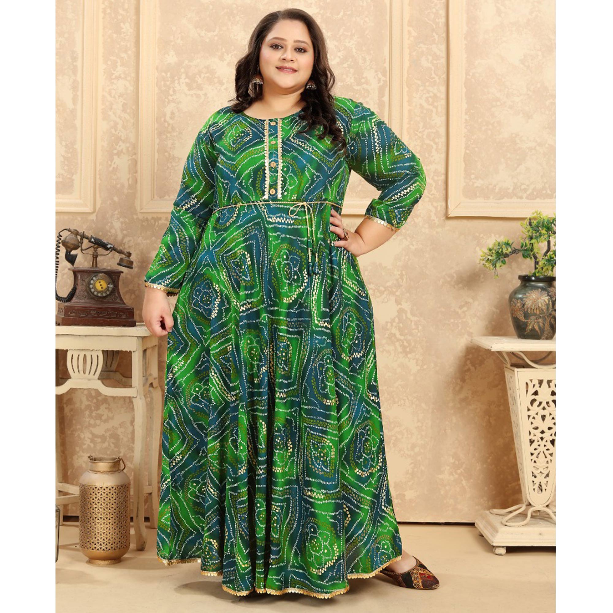 Green Bandhani Printed Rayon Long Kurti