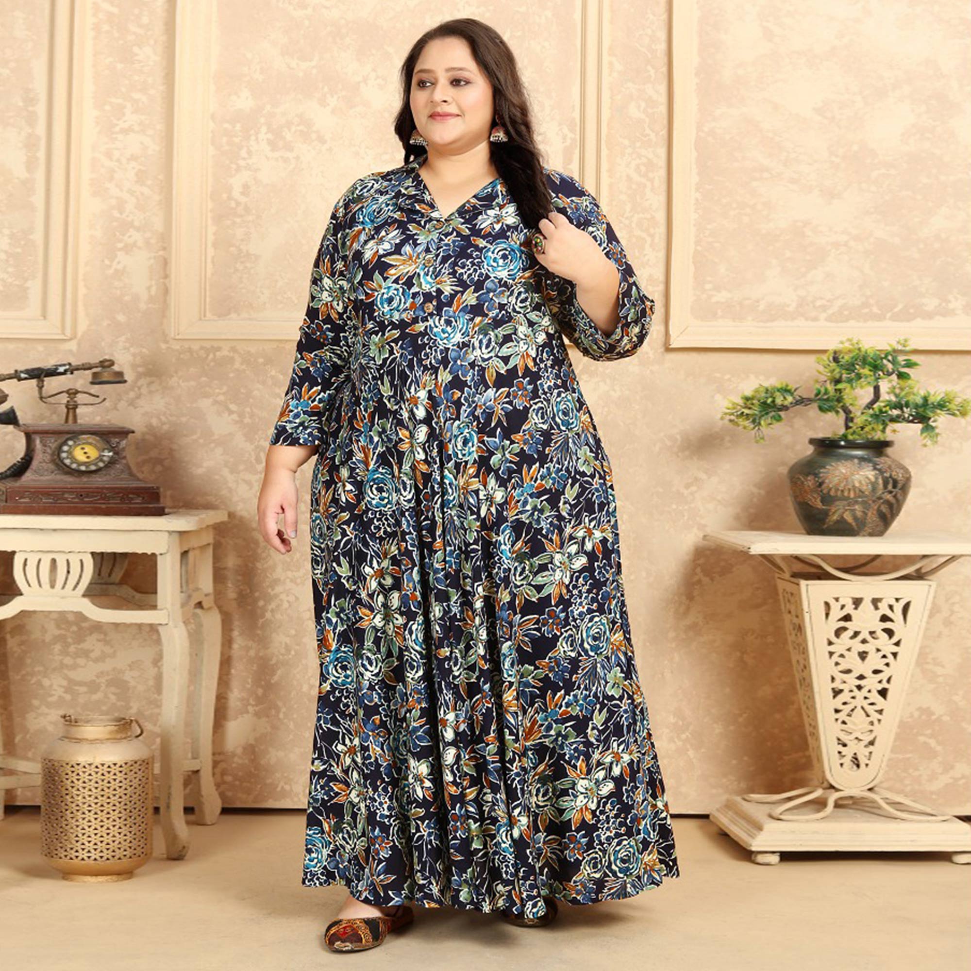 Blue Floral Printed Rayon Long Kurti