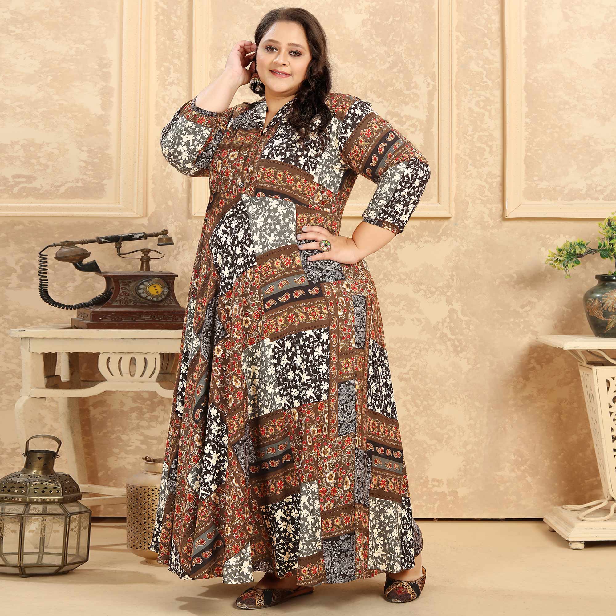 Brown Floral Printed Rayon Long Kurti