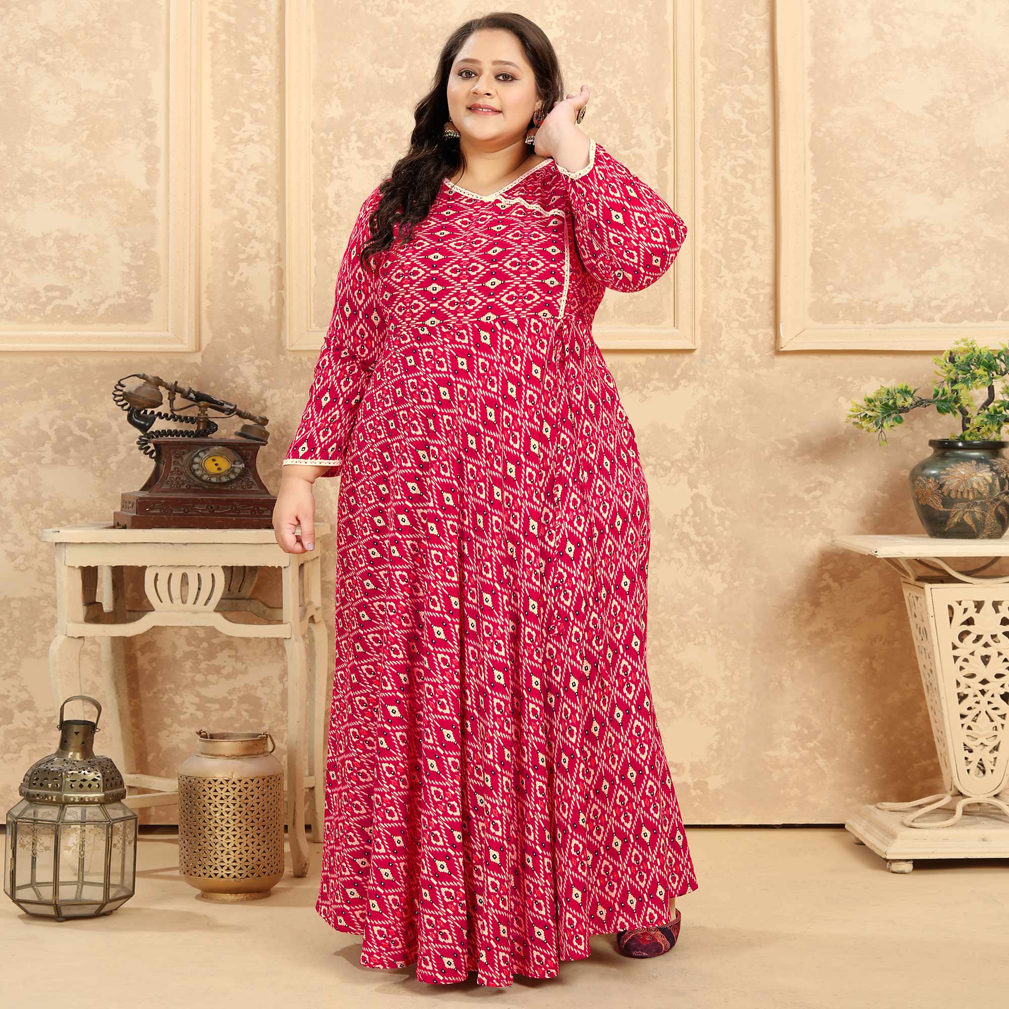 Pink Printed Rayon Long Kurti