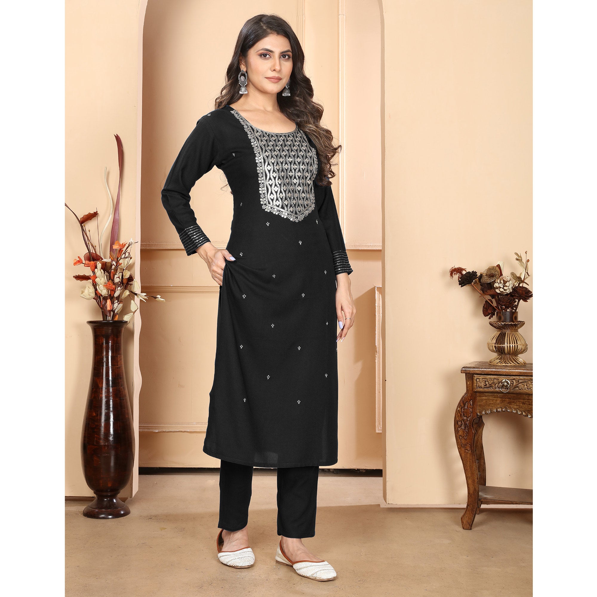 Black Sequins Embroidered Rayon Straight Salwar Suit