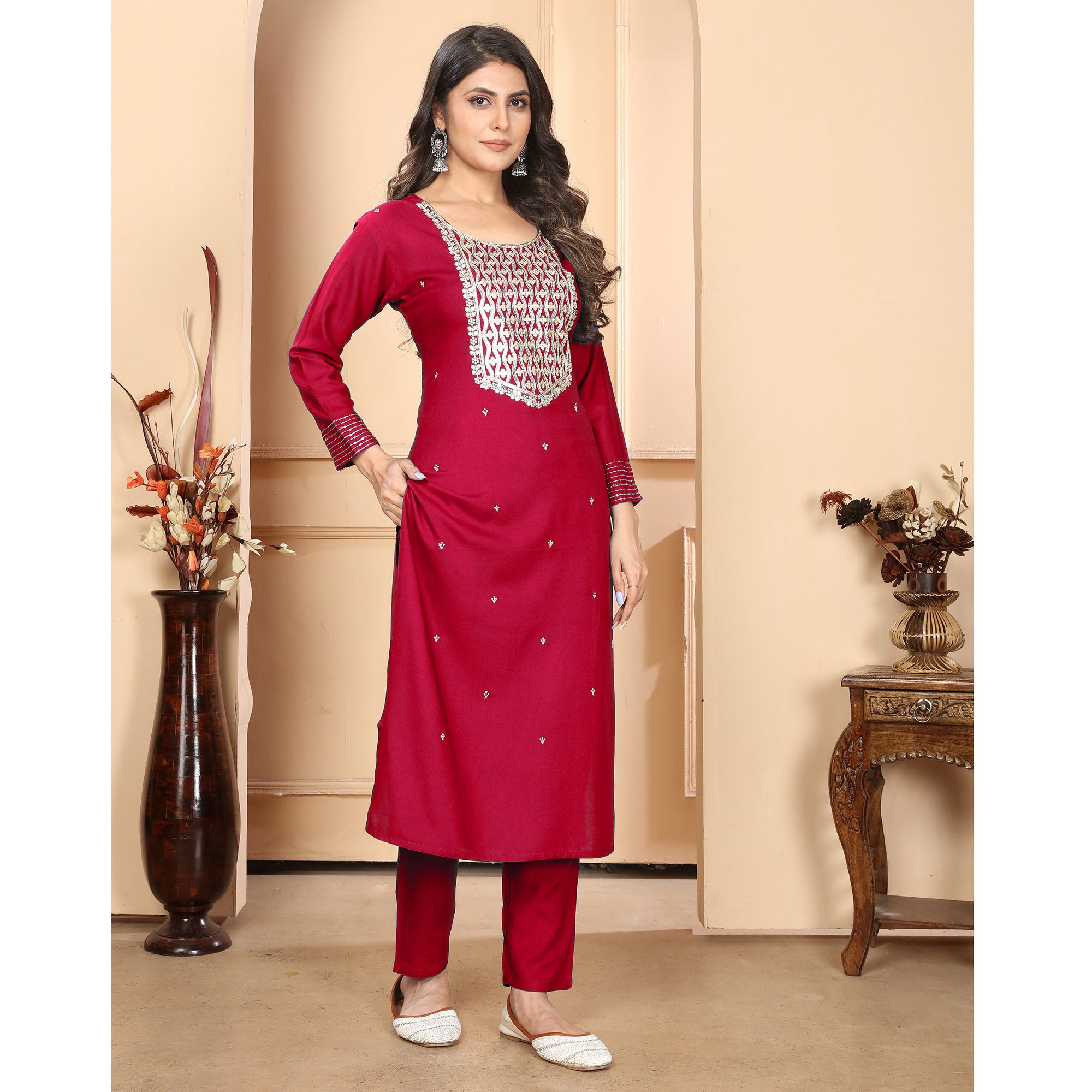 Maroon Sequins Embroidered Rayon Straight Salwar Suit