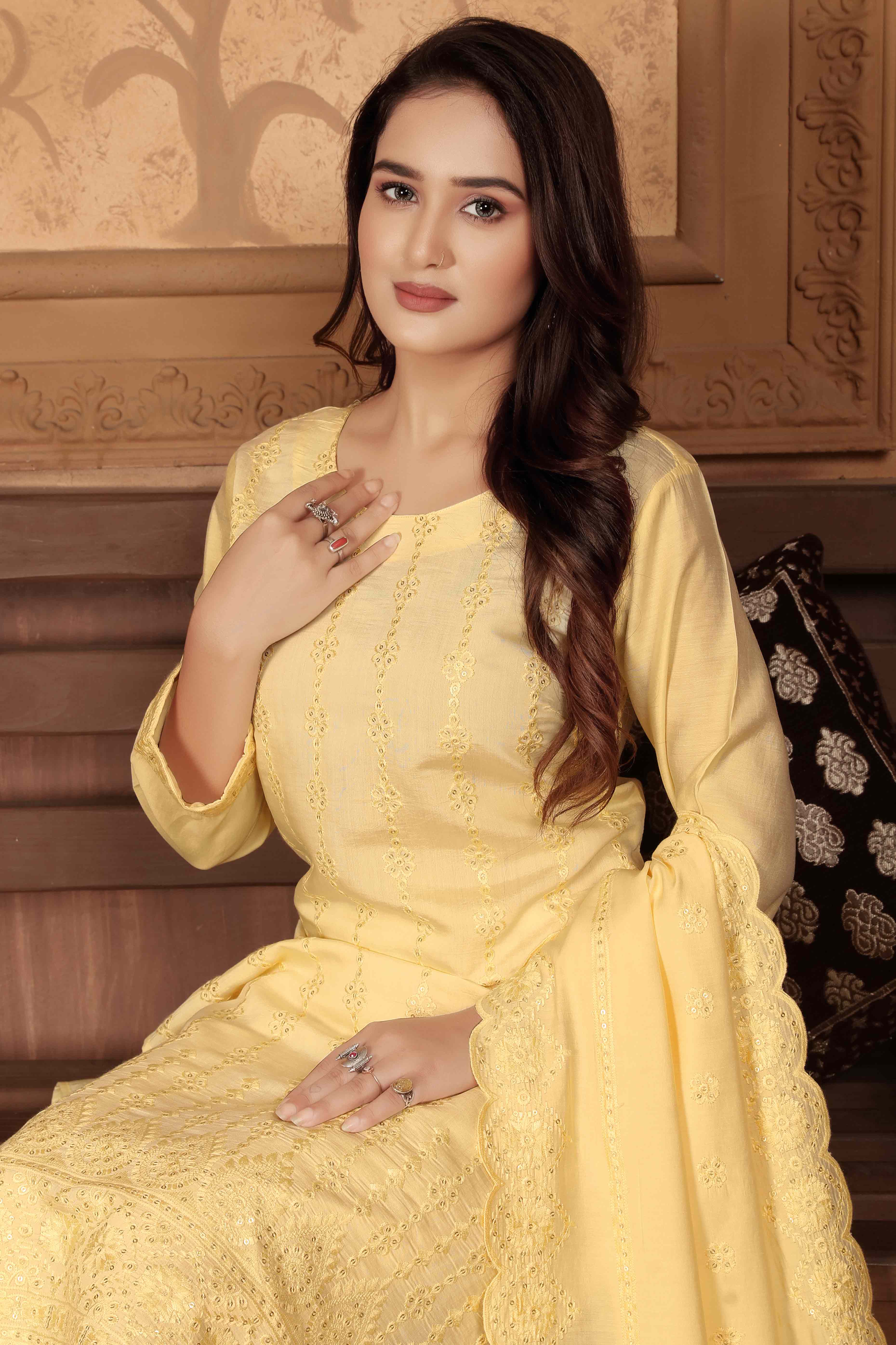 Yellow Sequins Embroidered Chanderi Straight Salwar Suit