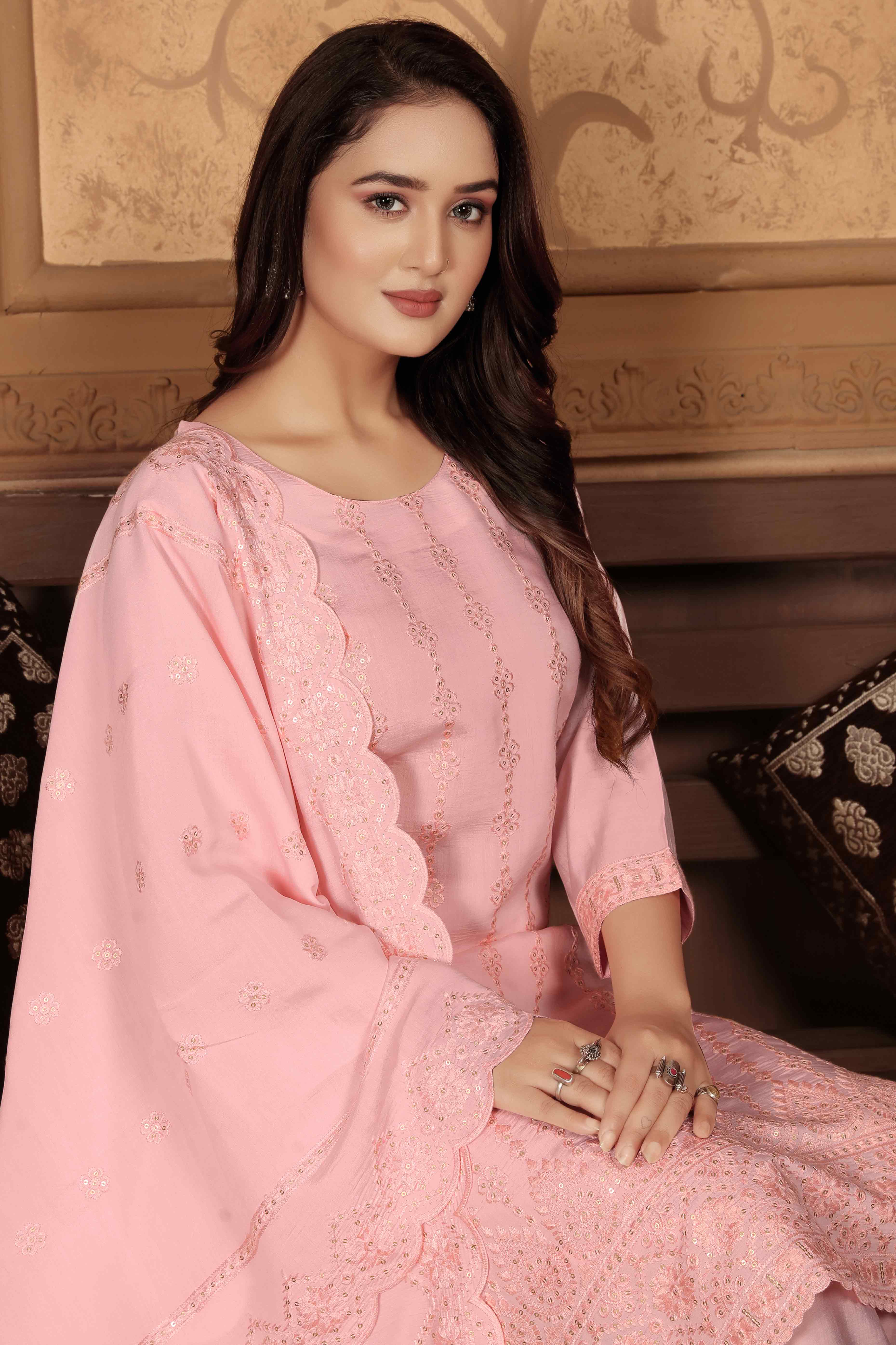 Pink Sequins Embroidered Chanderi Straight Salwar Suit